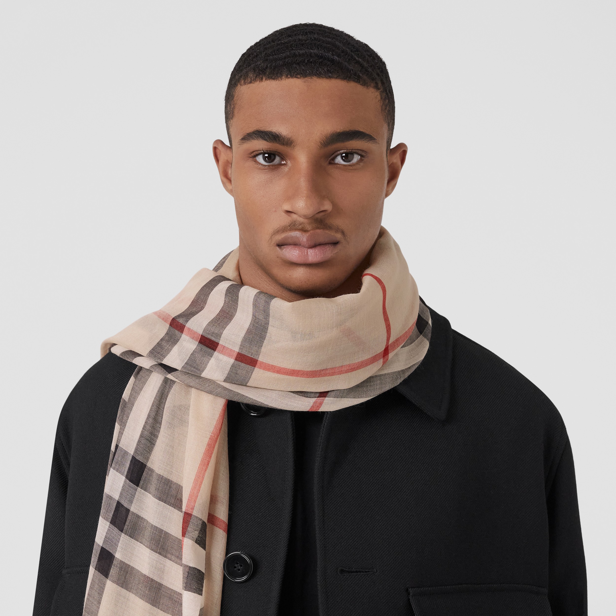 Check Lightweight Wool Silk Scarf in Stone | Burberry® Official - 4