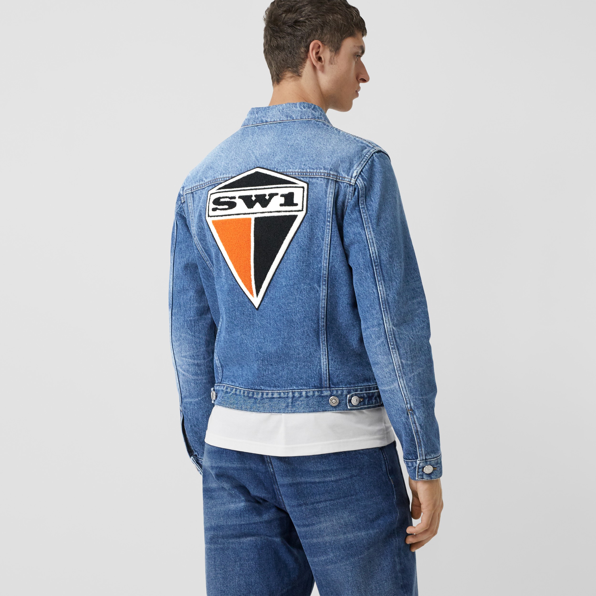 Logo Graphic Appliqué Denim Jacket in Light Indigo Blue Men