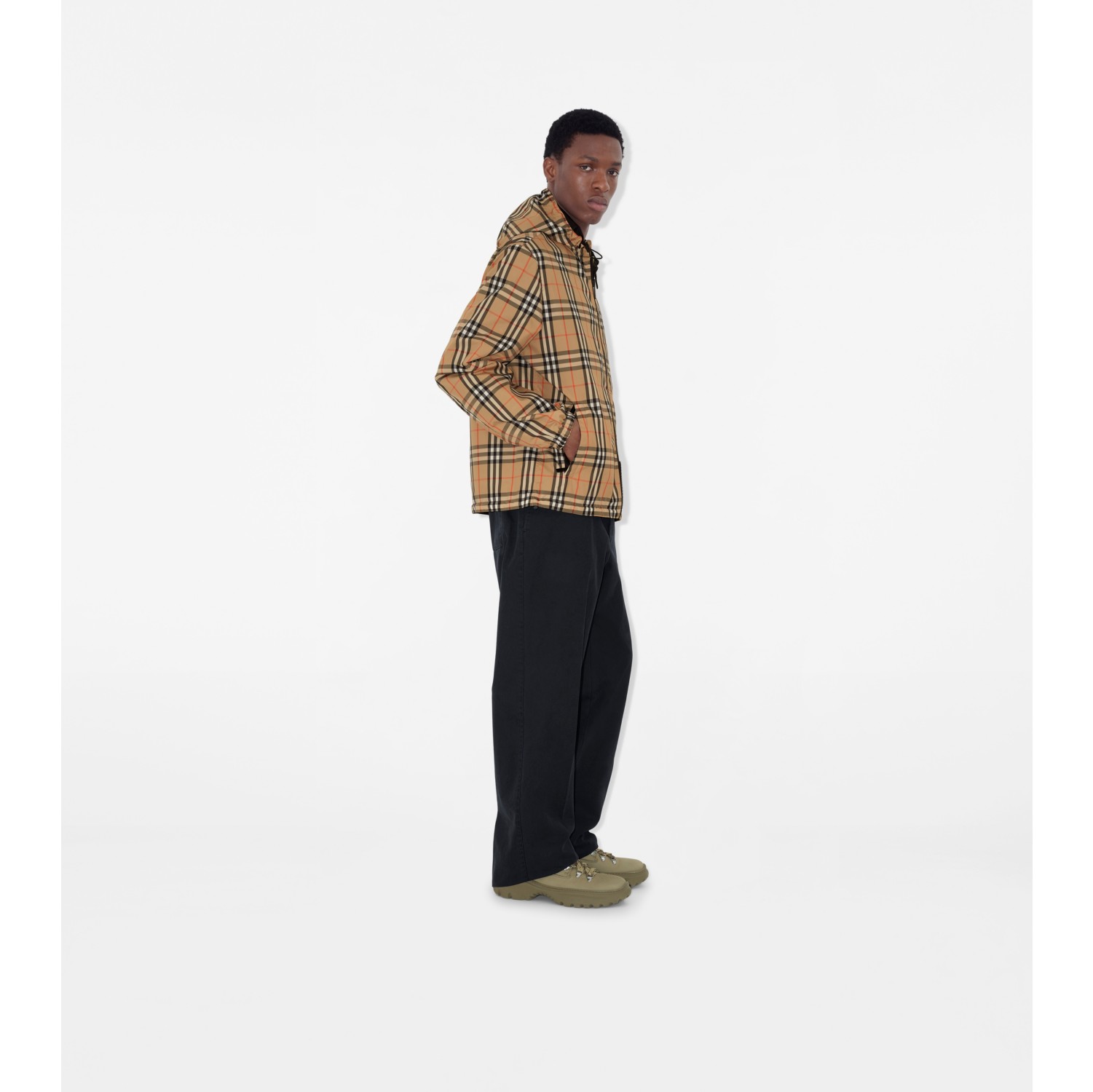 Reversible Check Hooded Jacket in Sand beige - Men, Nylon