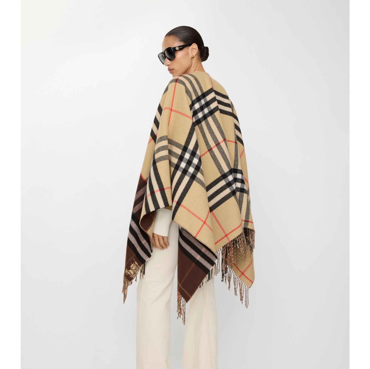 Contrast Check Cashmere Wool Cape in Sand beige/treacle brown | Burberry® Official