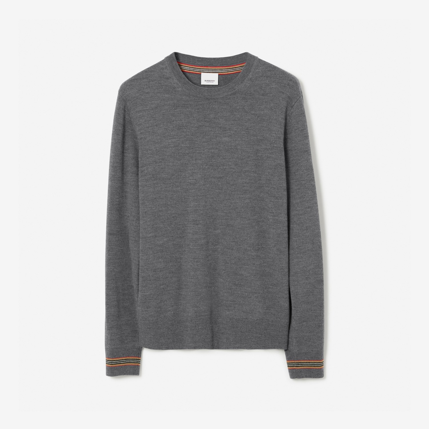 Icon Stripe Trim Wool Sweater in Mid Grey Melange - Men | Burberry® Official
