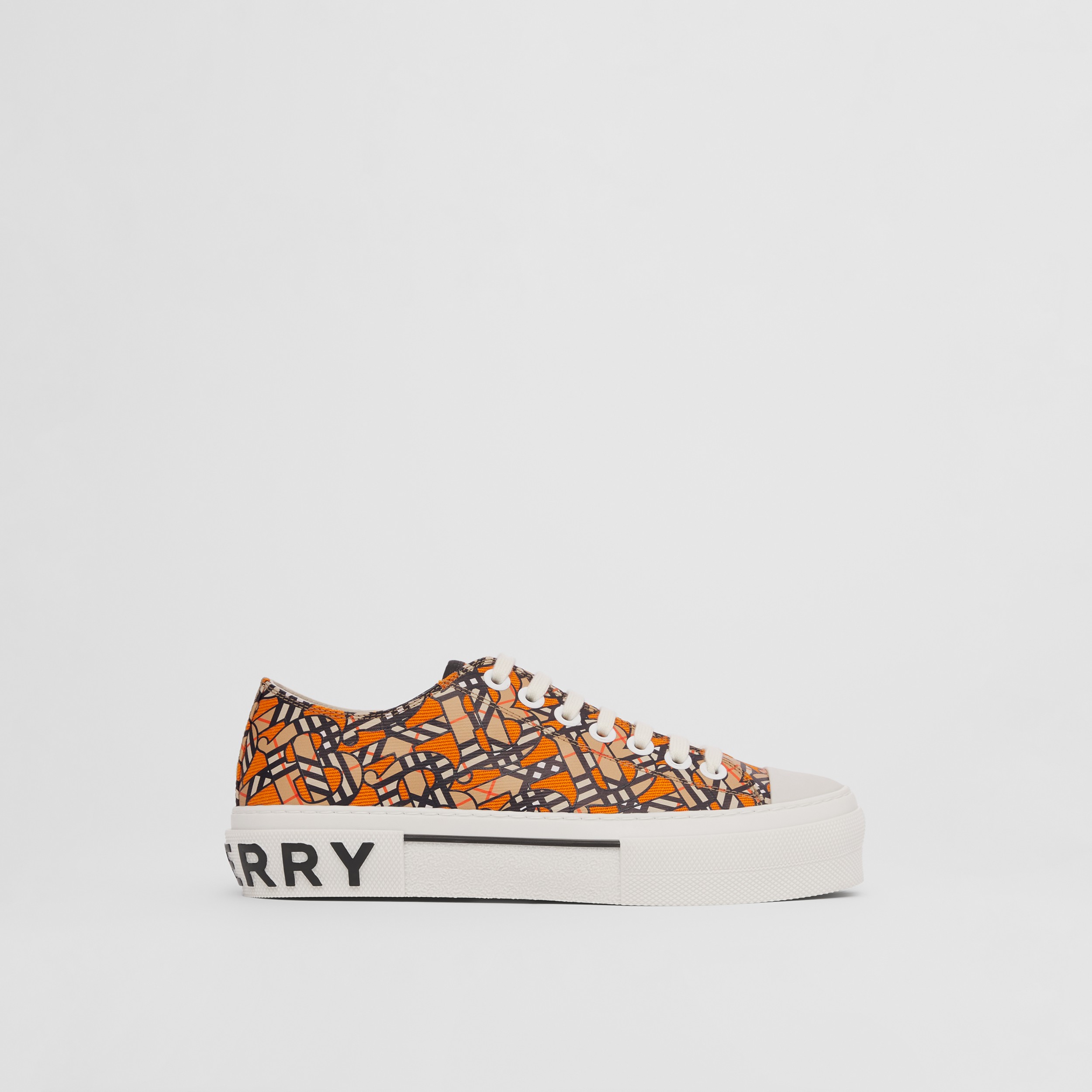 Monogram Print Linen Cotton Canvas Sneakers in Bright Orange - Women | Burberry® Official - 1