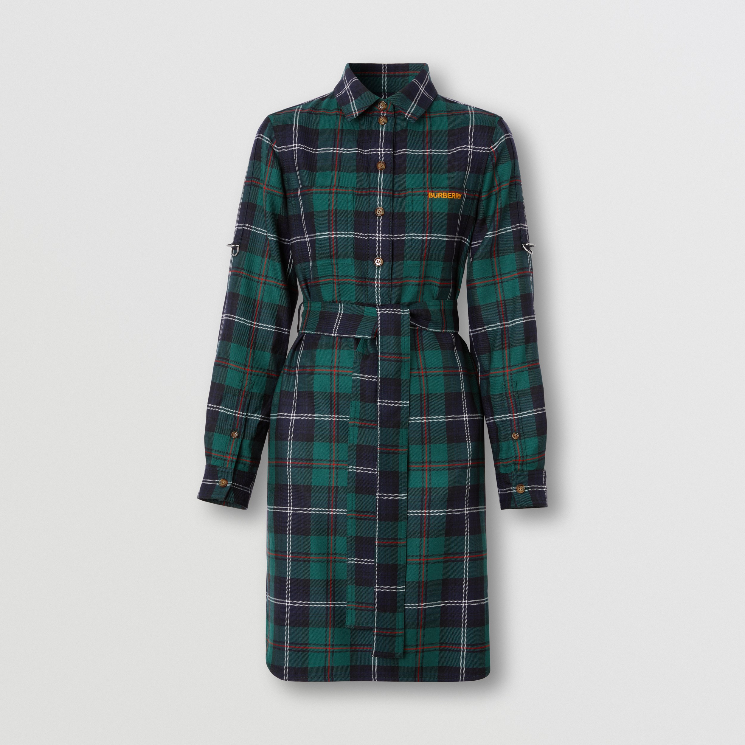 Vestido estilo camisa de lã com estampa xadrez grande e cinto de amarrar (Verde Viridiano Escuro) - Mulheres | Burberry® oficial - 4