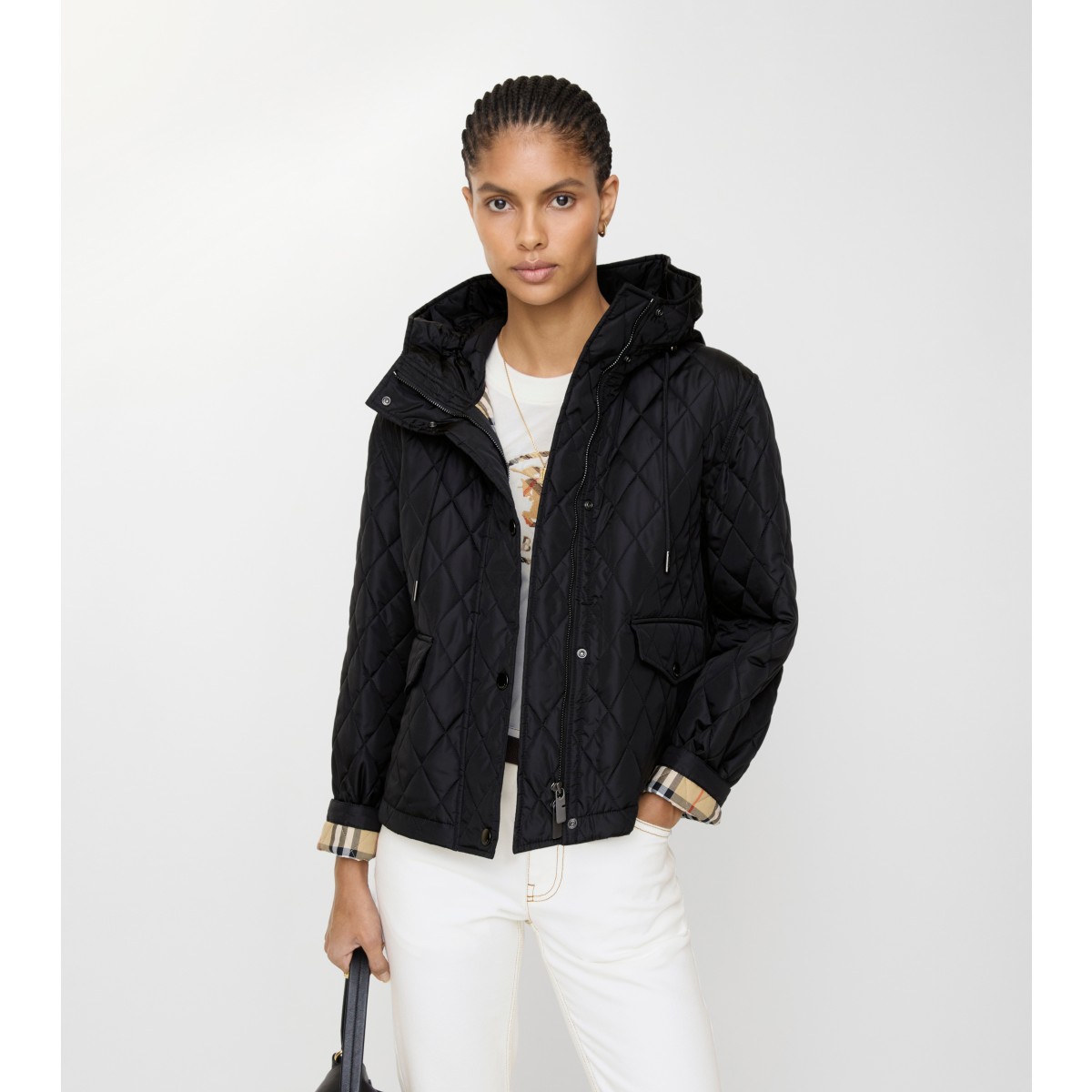  Check Cropped Quilted Nylon Hooded Jacket