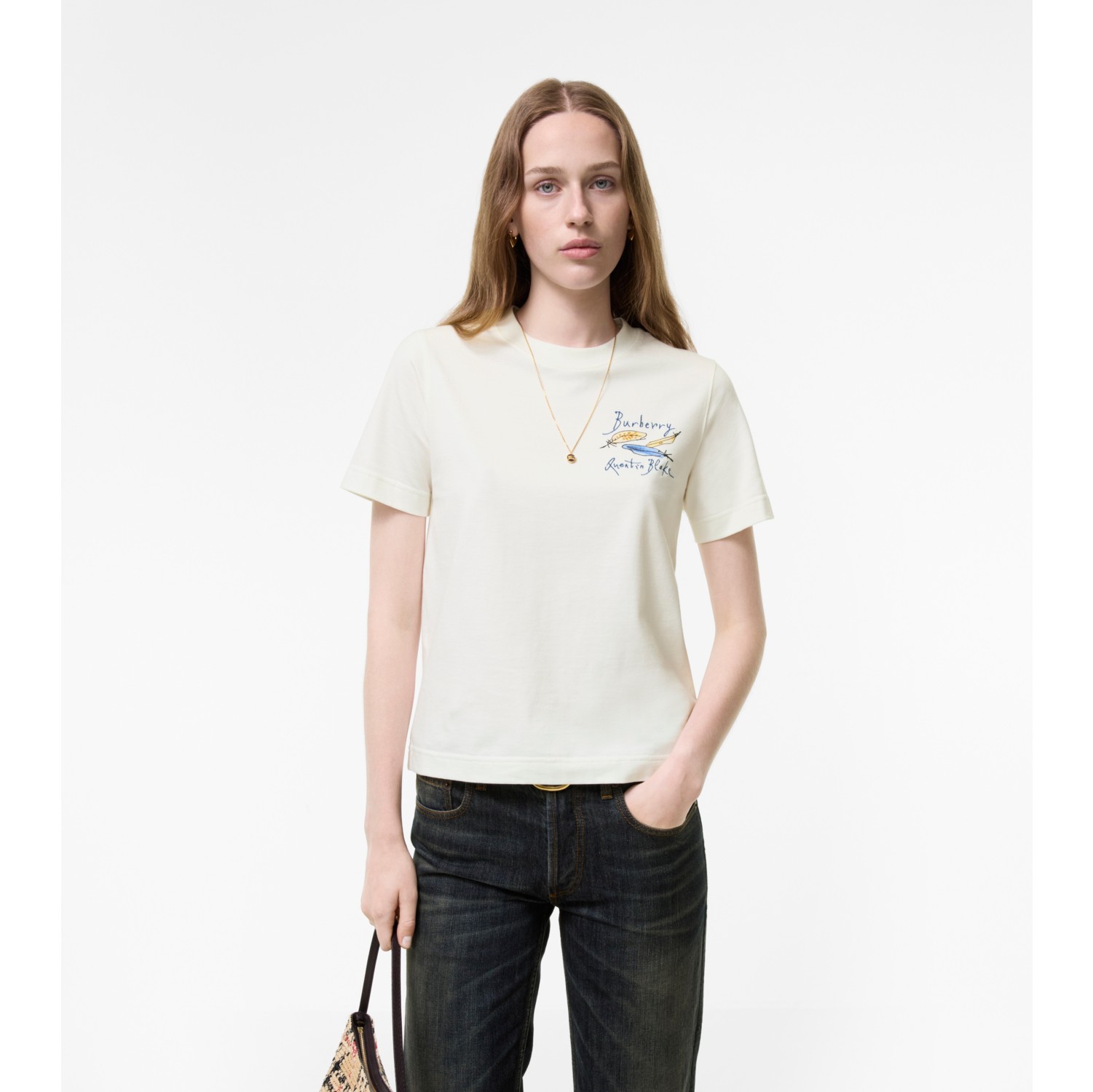 Feather Print Cotton T-shirt in Chalk white - Women | Burberry® Official