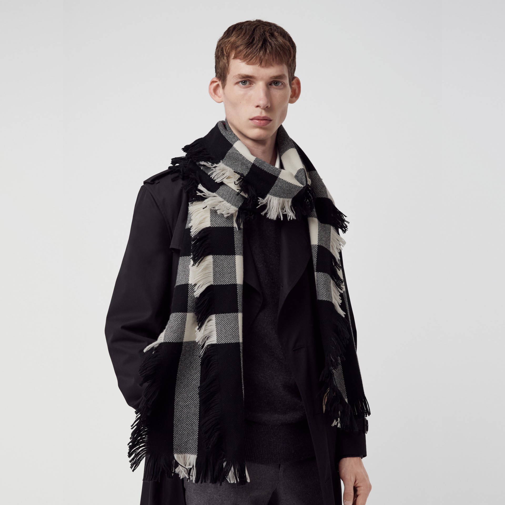 Fringed Check Wool Scarf in Black | Burberry Canada