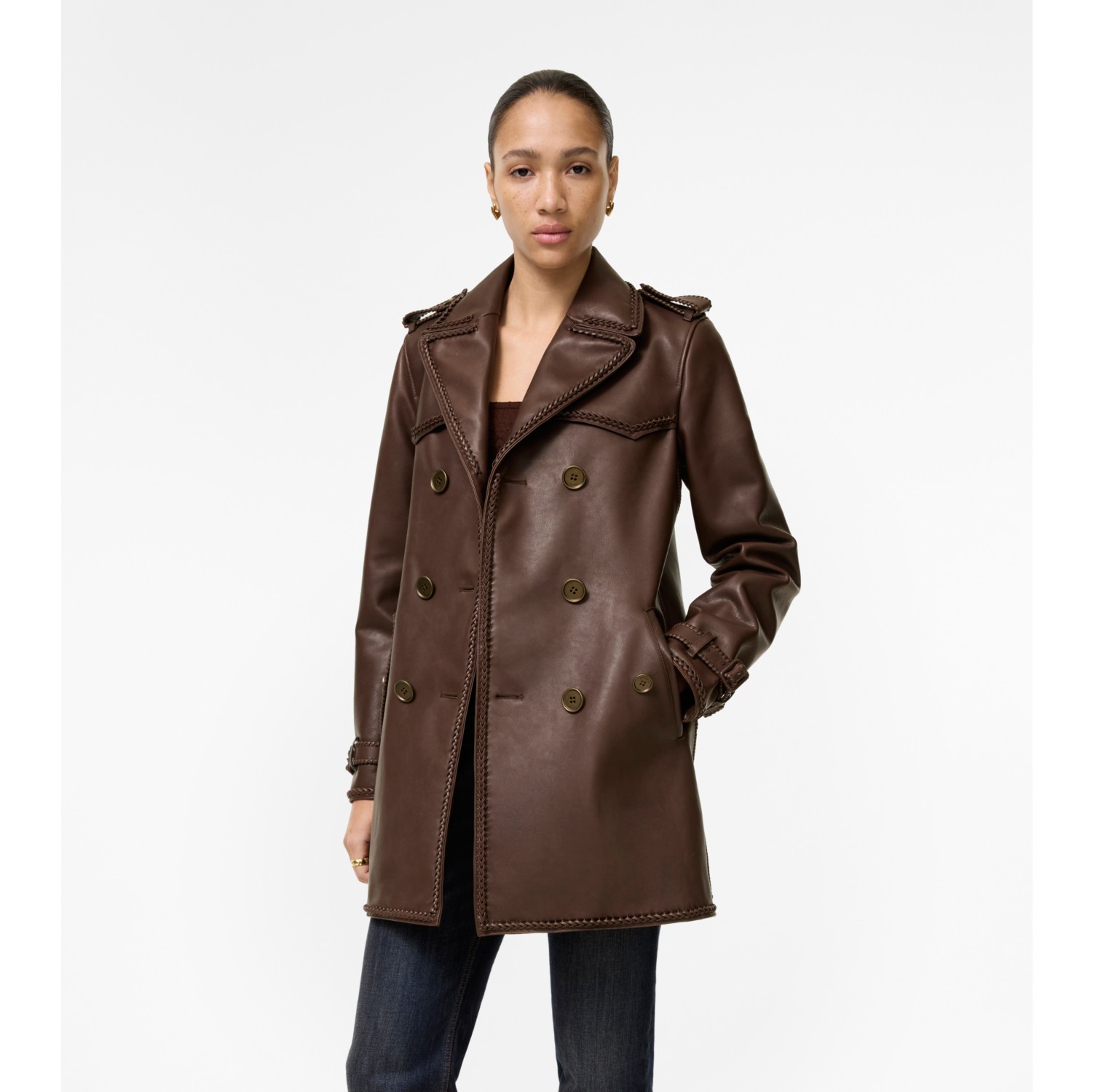 Short Fringed Leather Trench Coat