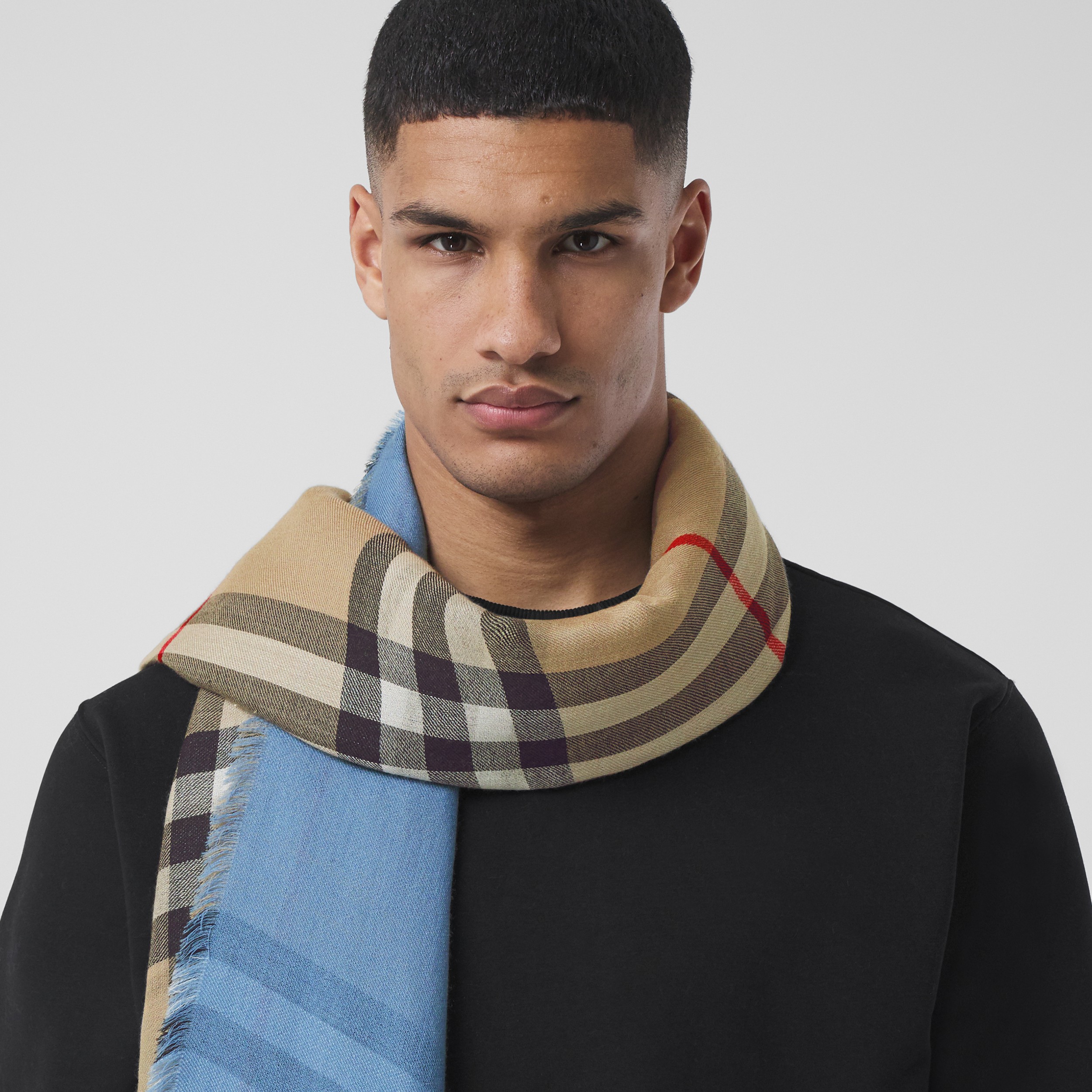 Reversible Logo Graphic and Check Cashmere Scarf in Pale Blue | Burberry® Official - 3