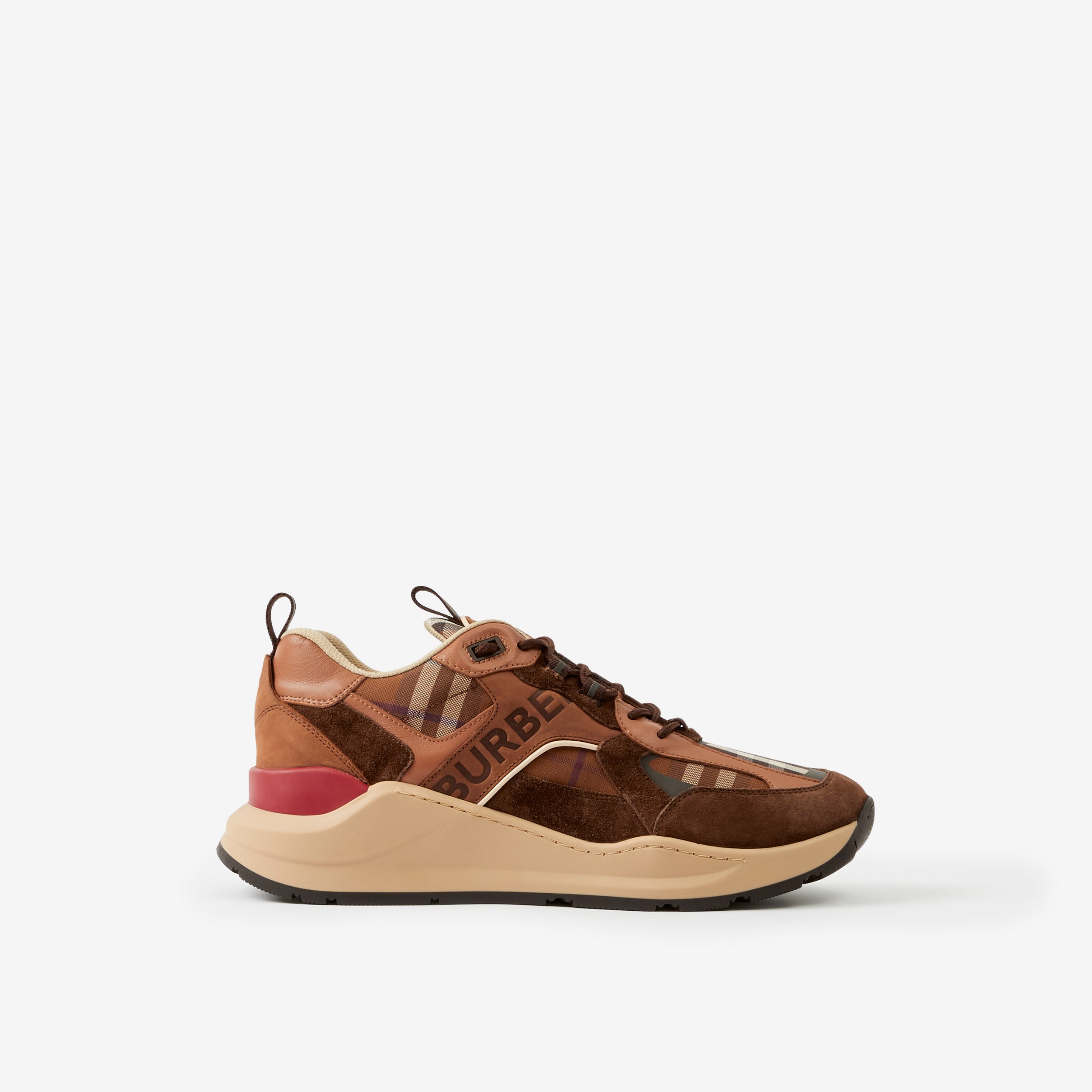 Check and Suede Sneakers in Dark Birch Brown - Men | Burberry® Official - 1