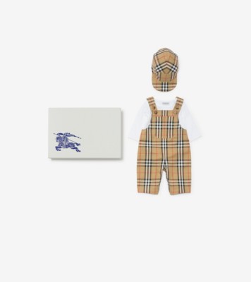 Check Cotton Three-piece Baby Gift Set in Sand beige - Children