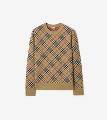 チェック コットンウールセーター (サンドベージュ) - メンズ, ウール