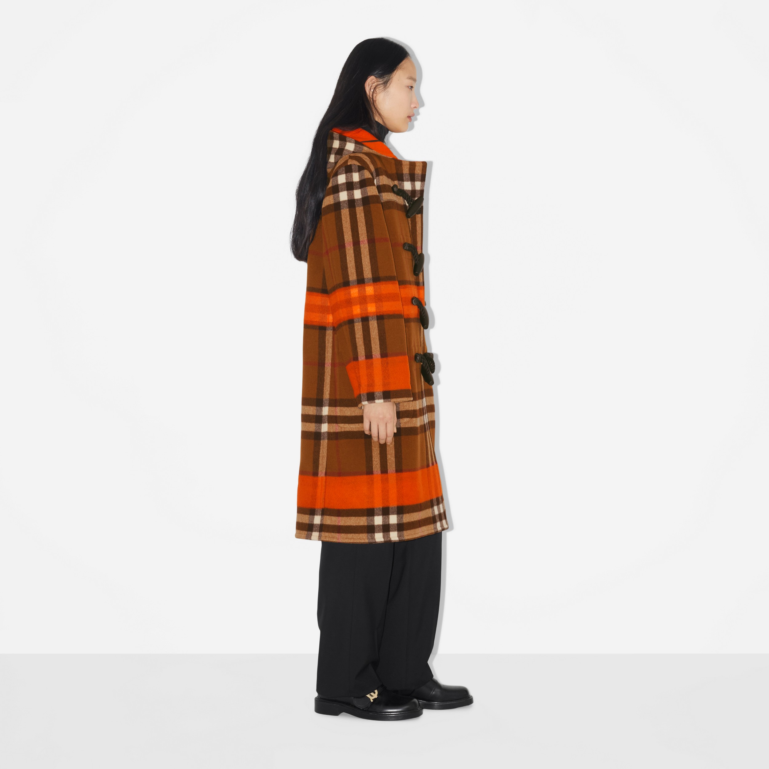 Check Wool Hooded Duffle Coat in Bright Orange/dark Birch Brown - Women | Burberry® Official - 3