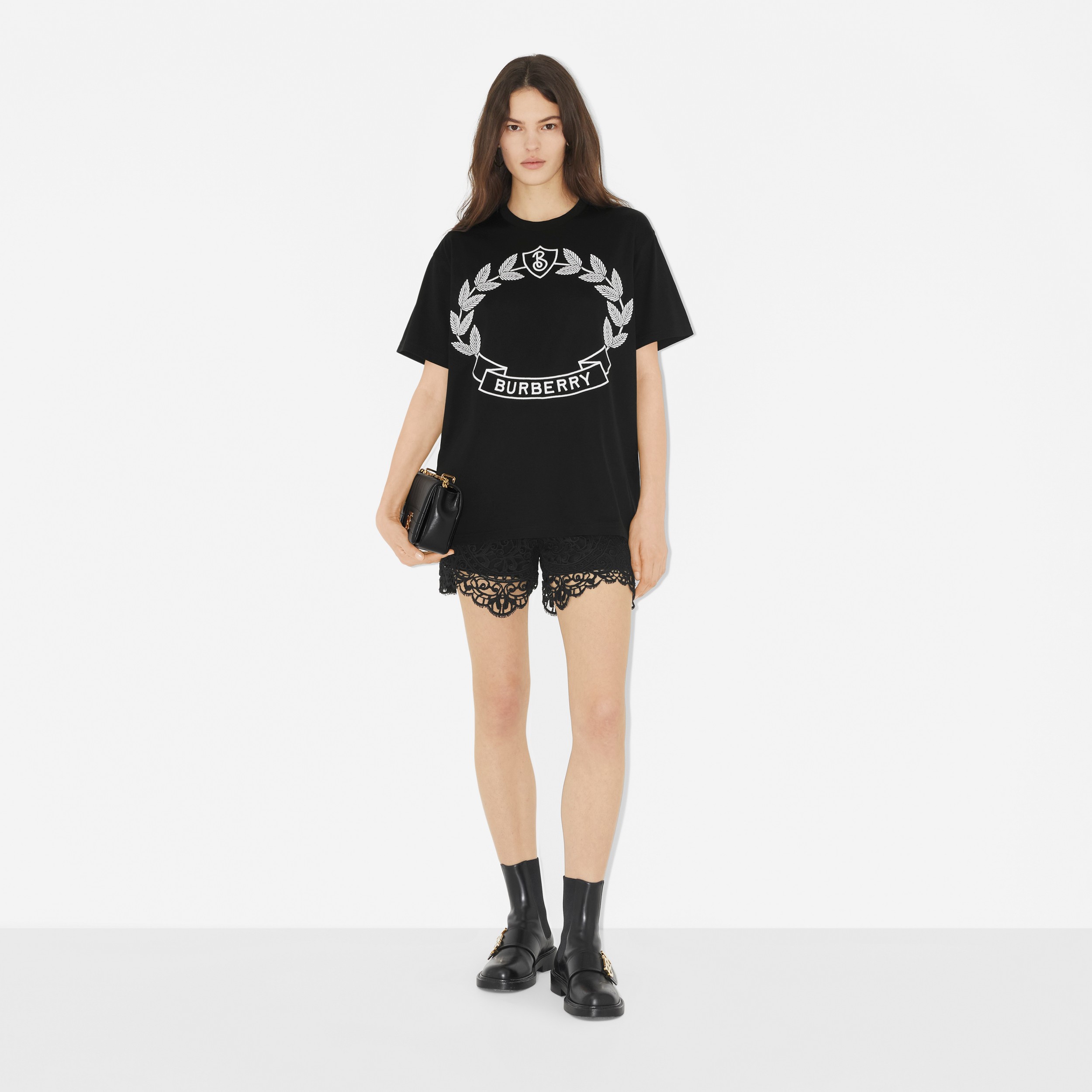 Oak Leaf Crest Cotton Oversized T-shirt in Black - Women | Burberry® Official - 2
