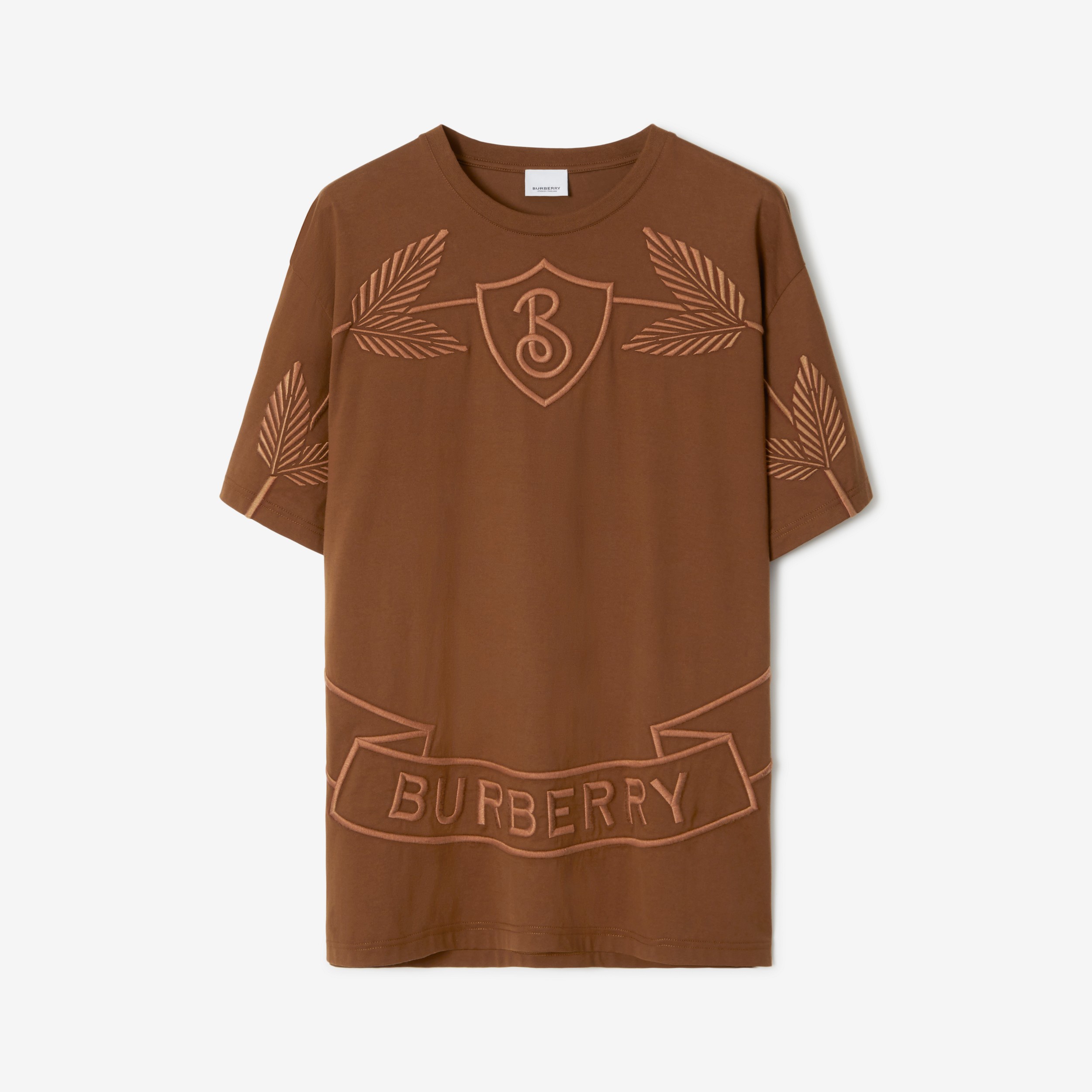 Embroidered Oak Leaf Crest Cotton T-shirt in Dark Birch Brown - Men | Burberry® Official - 1