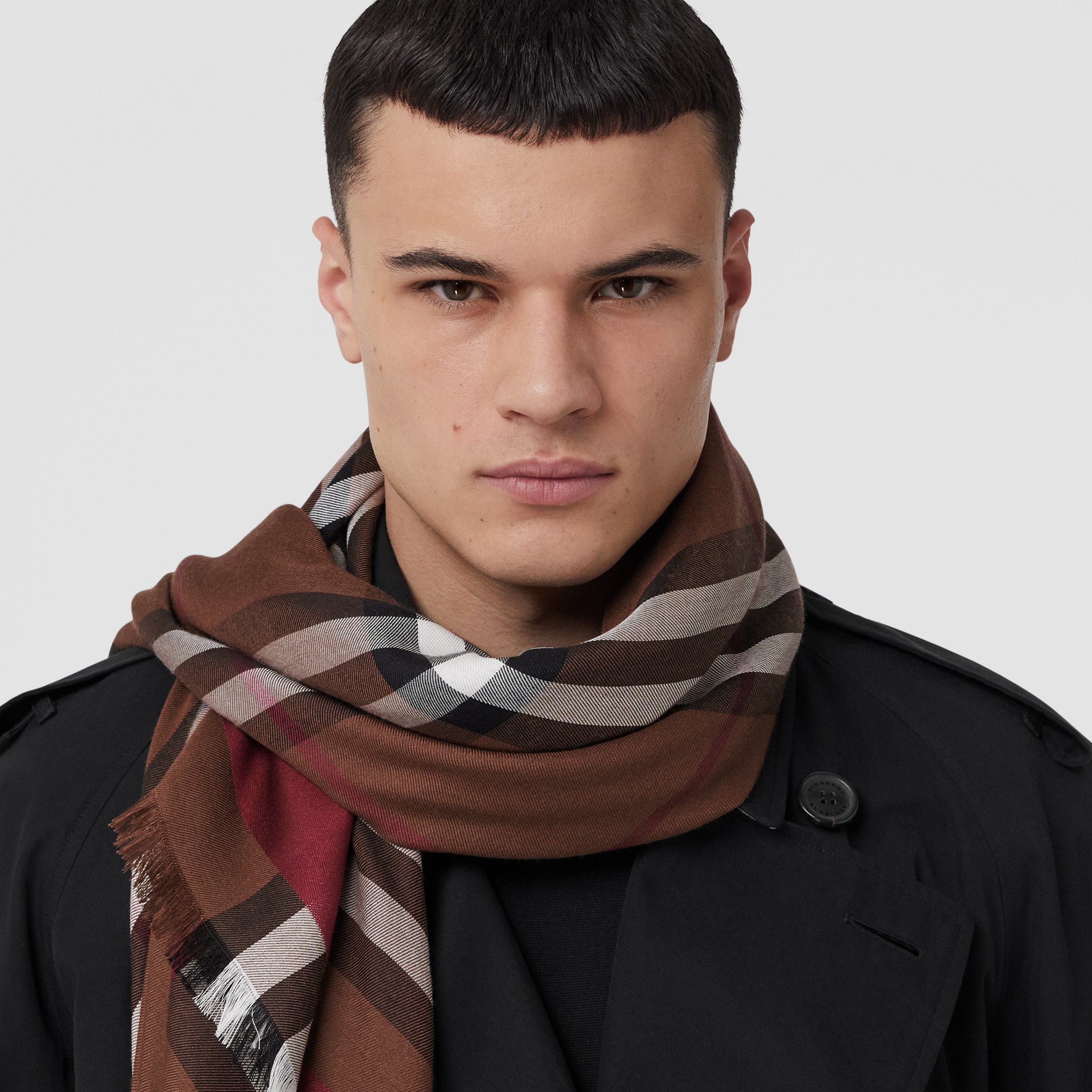 Check Silk Wool Large Square Scarf in Dark Birch Brown | Burberry® Official - 4