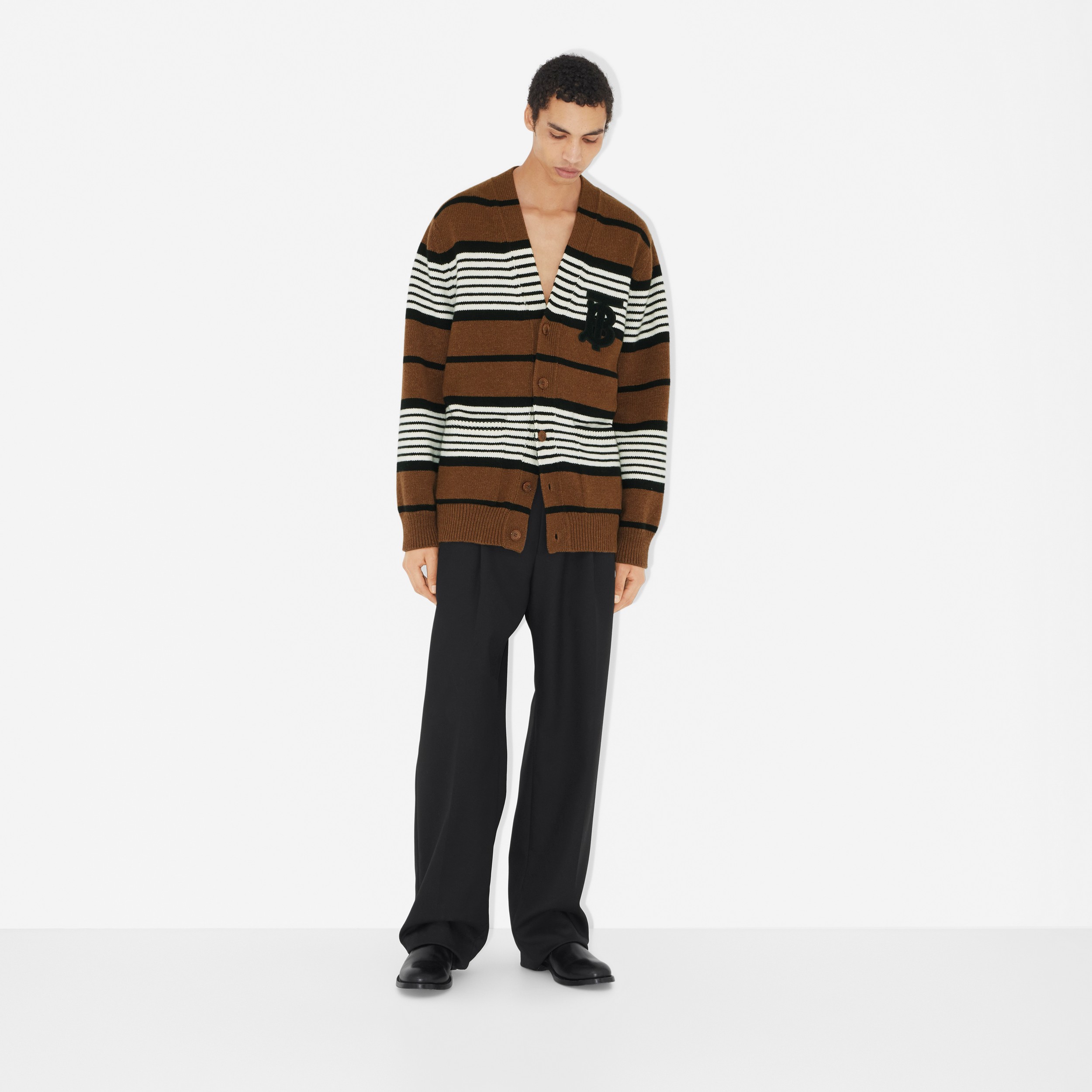 Striped Wool Cashmere Oversized Cardigan in Dark Birch Brown - Men | Burberry® Official - 2