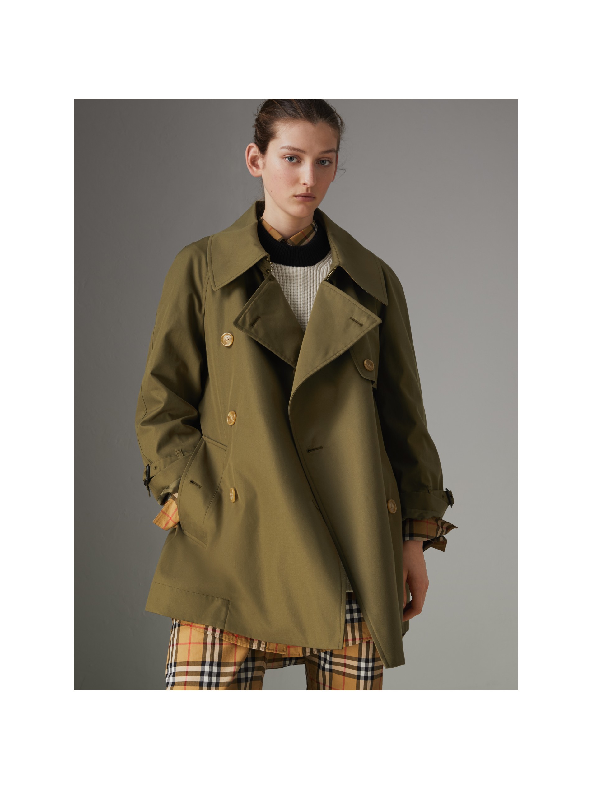 military olive exaggerated collar cotton gabardine trench coat