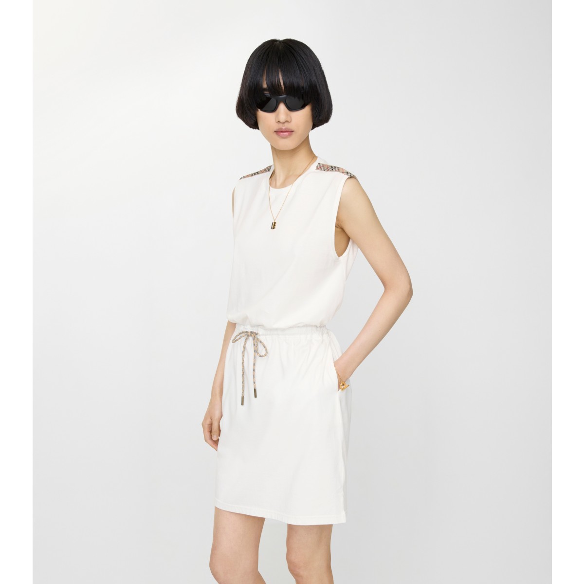  Check Trim Cotton Jersey Dress