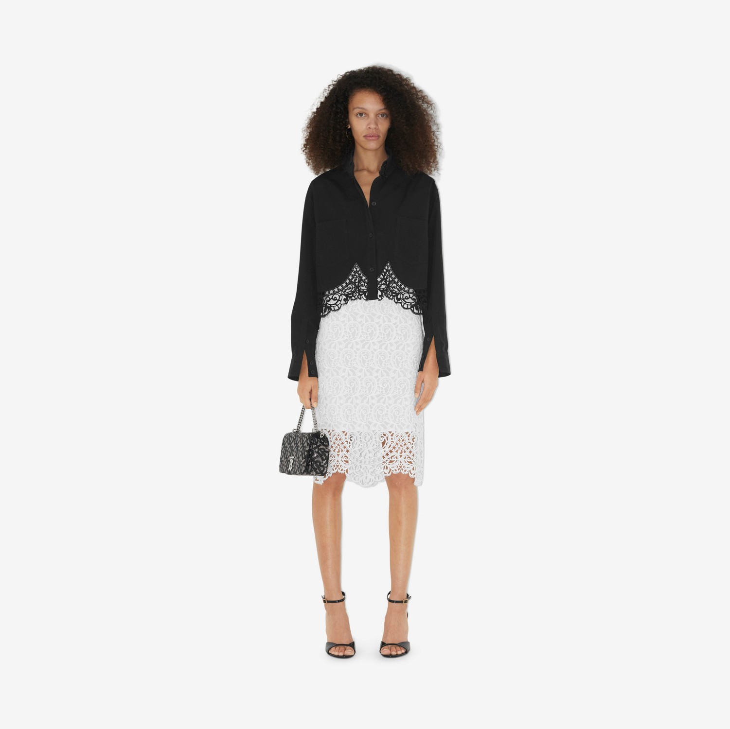 Macramé Lace Hem Cotton Cropped Shirt in Black - Women | Burberry® Official