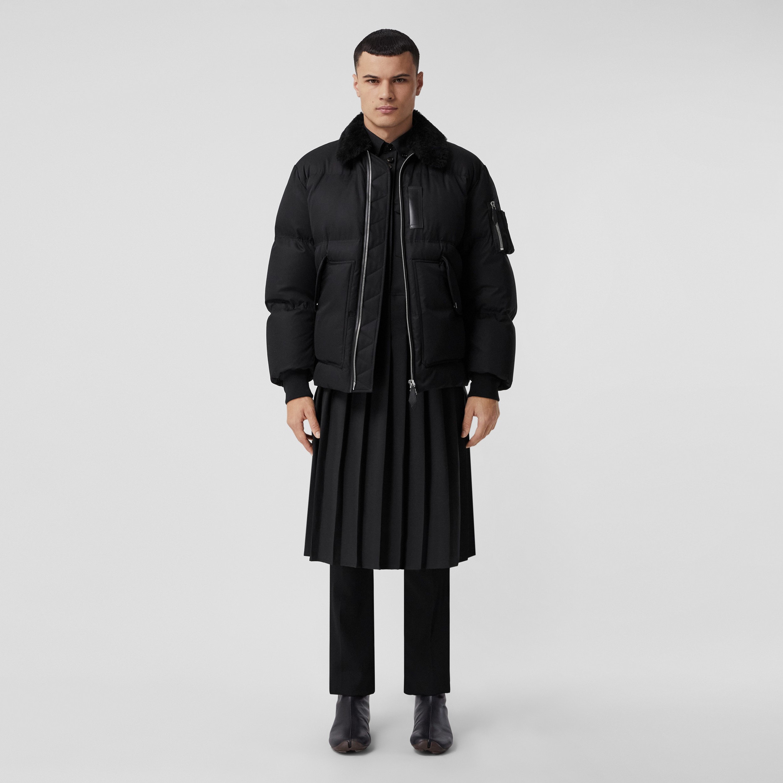 Shearling Collar Cotton Gabardine Puffer Jacket in Black - Men | Burberry® Official - 1