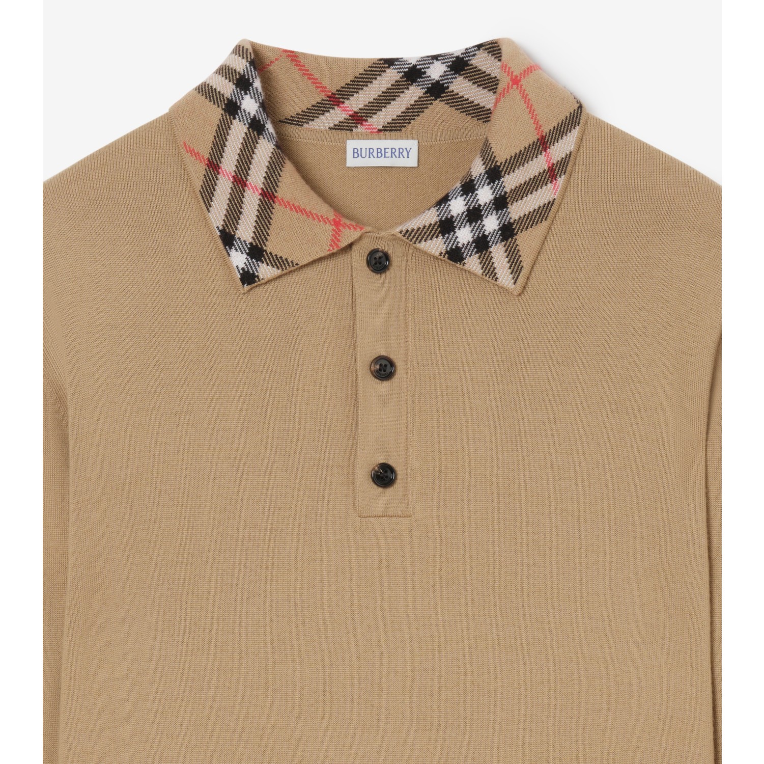 Long-sleeve Check Collar Cashmere Polo Shirt