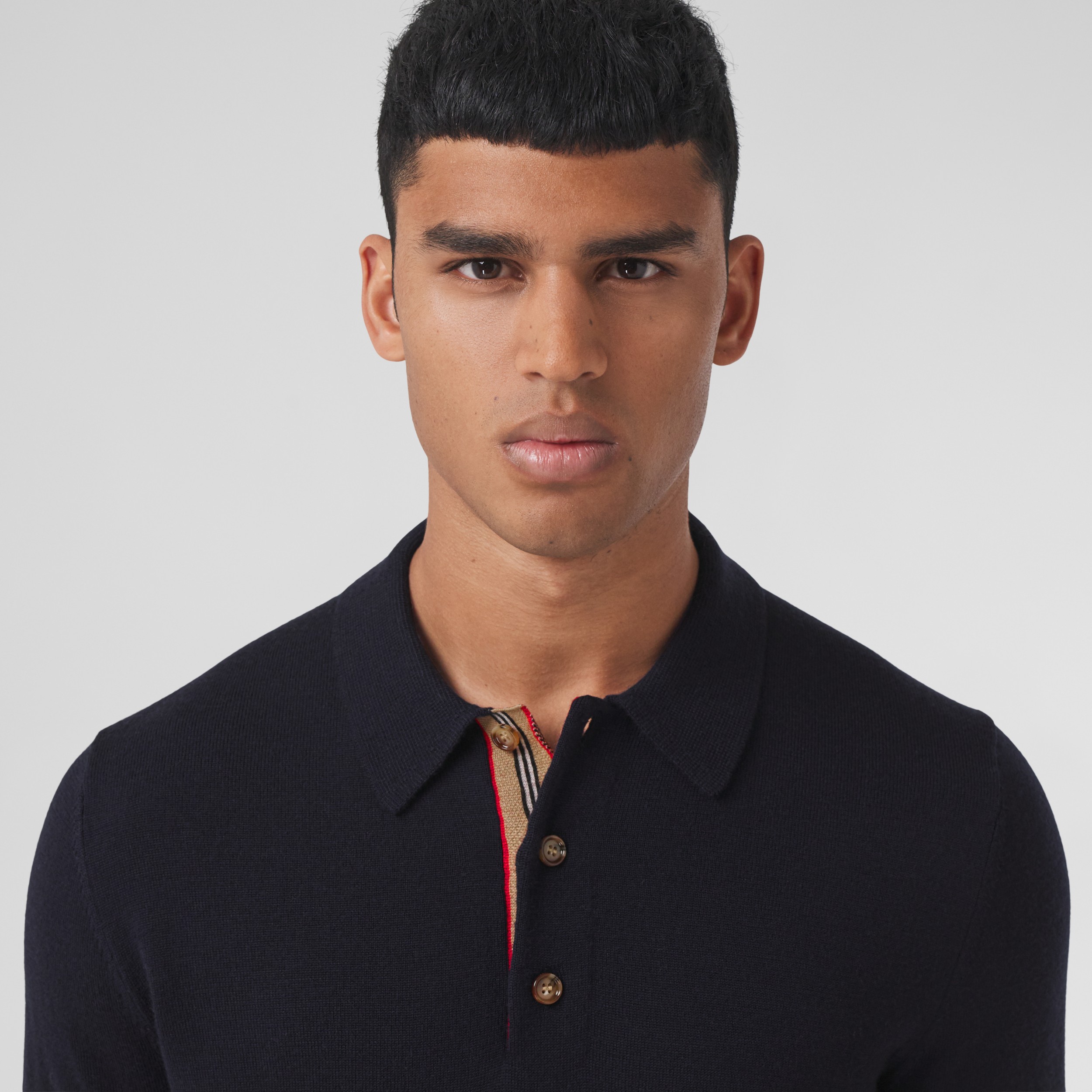 Long-sleeve Icon Stripe Detail Wool Polo Shirt in Navy - Men | Burberry ...