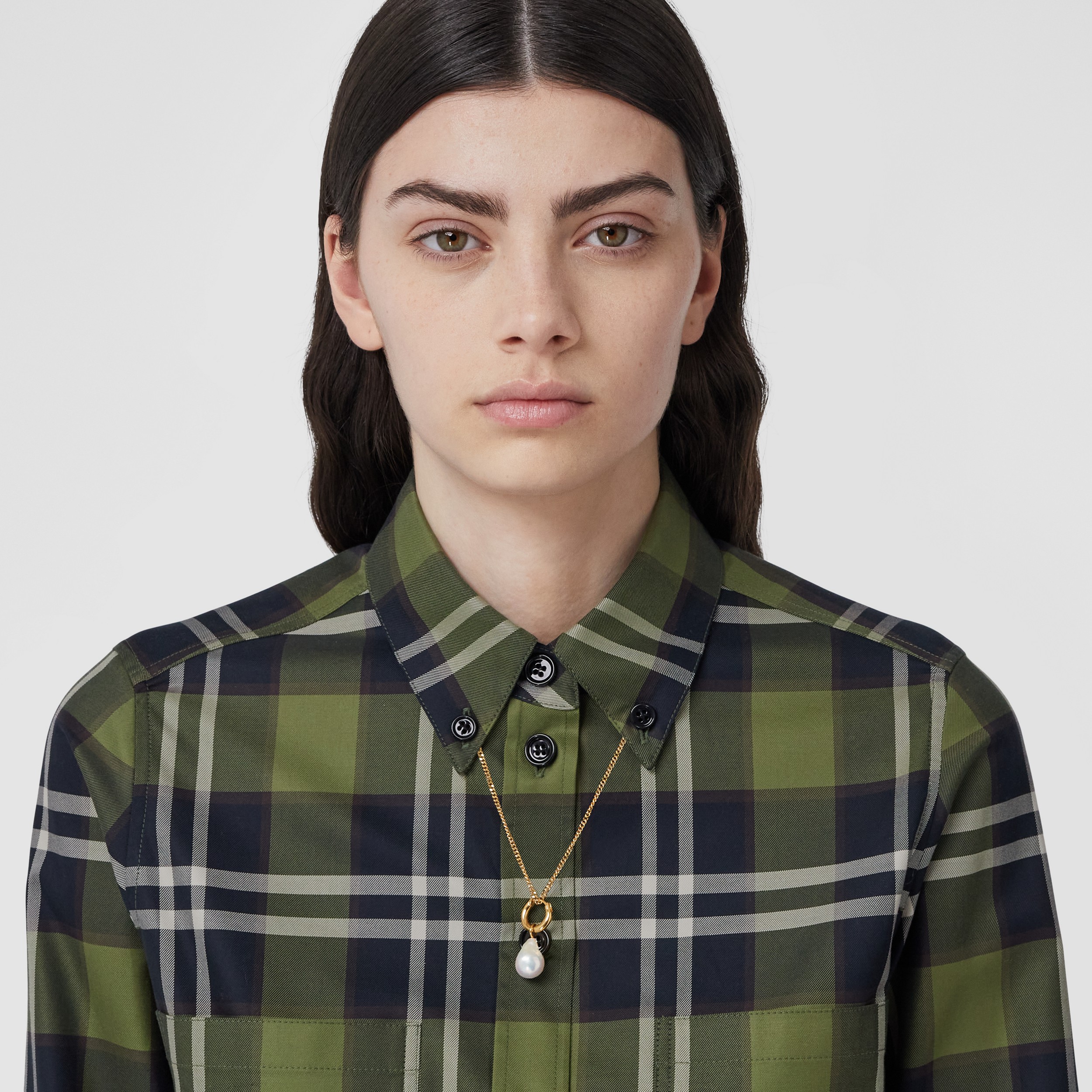 Check Cotton Twill Shirt in Dark Olive Green - Women | Burberry® Official