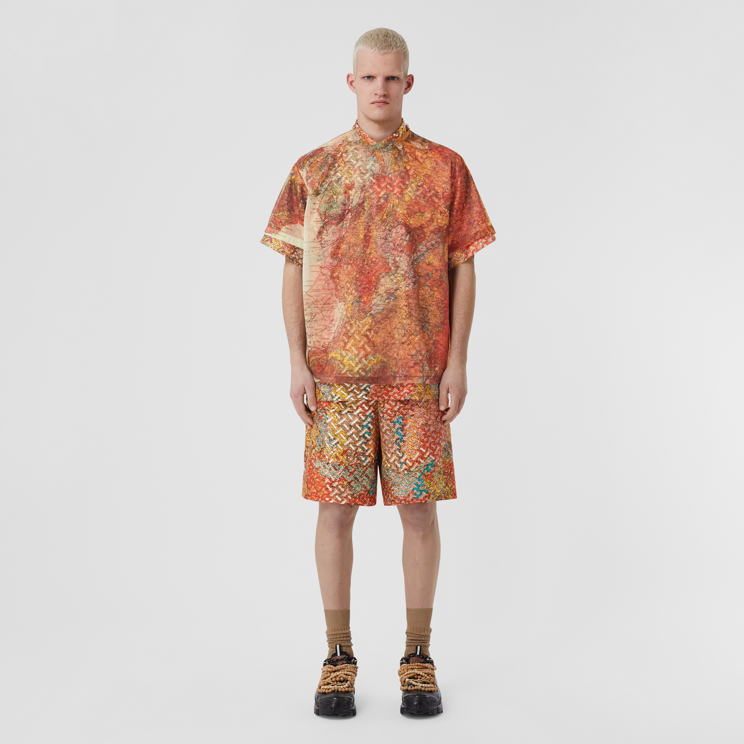 Monogram Map Print Silk Shorts in Bright Orange - Men | Burberry® Official - 1