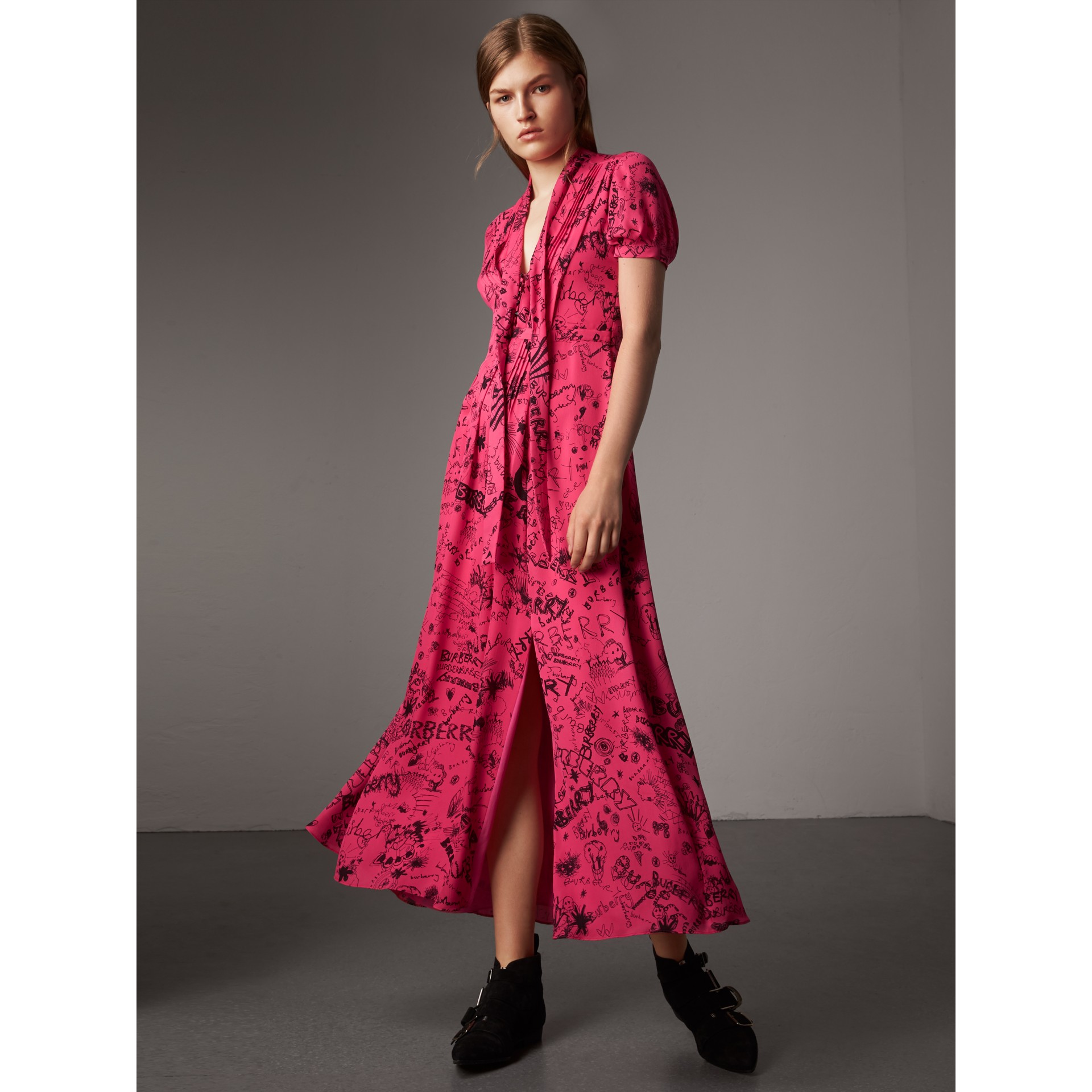 Doodle Print Silk Tieneck Dress in Fluro Pink Women Burberry