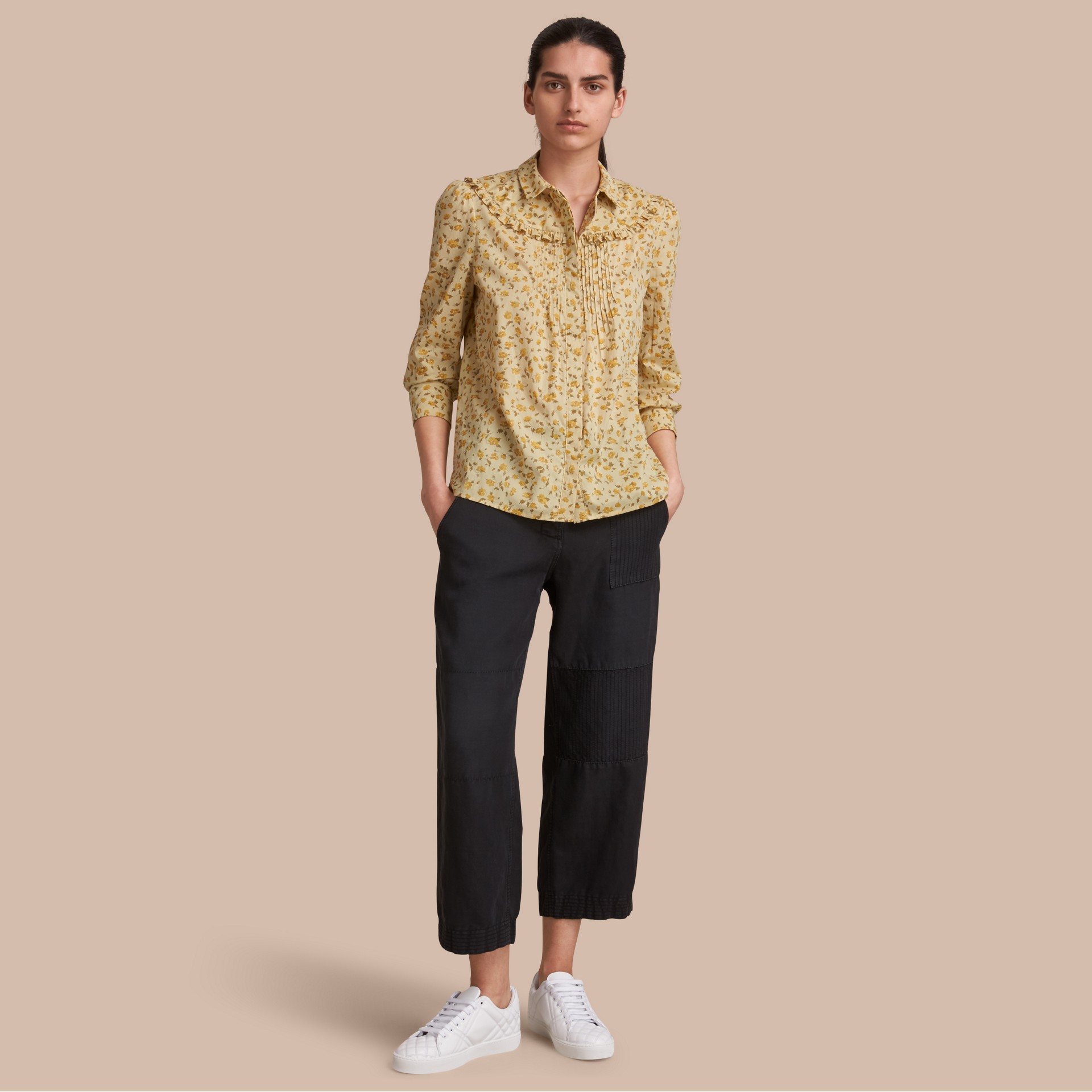 Ruffle Yoke Floral Print Cotton Shirt in Chalk Yellow - Women | Burberry United States