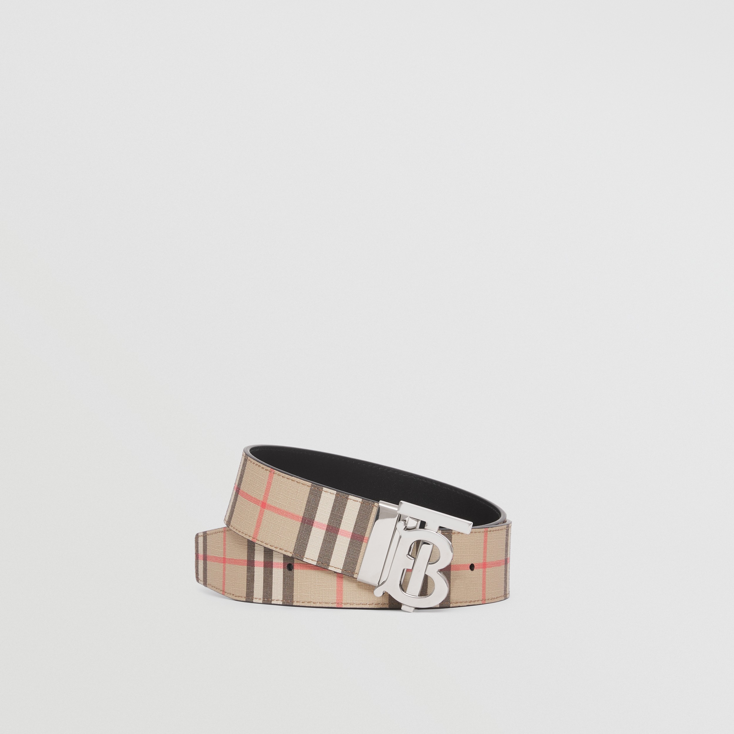 Cinturón TB ancho reversible en tejido Check y piel (Beige Vintage/negro) - Hombre | Burberry® oficial - 1