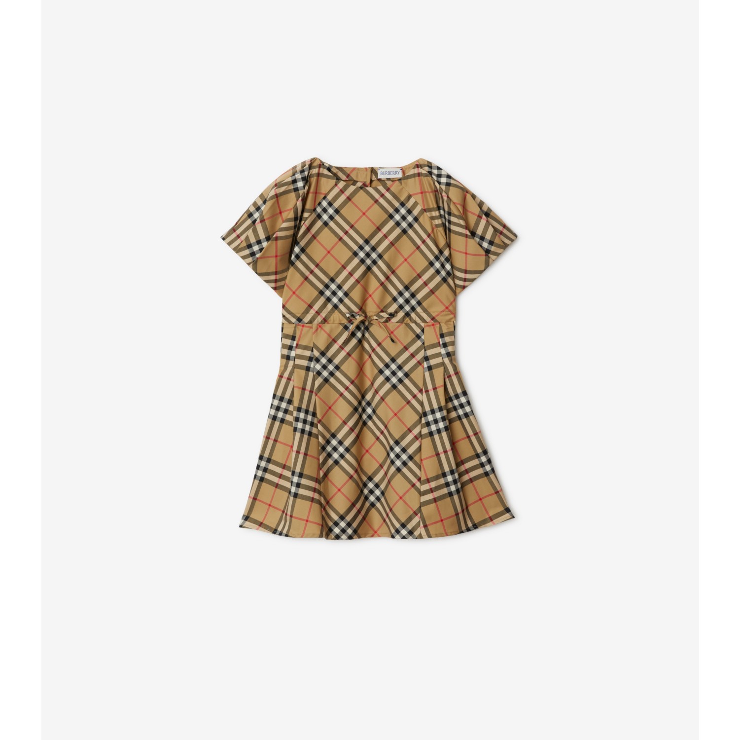 Pleated Check Stretch Cotton Dress in Archive beige Burberry Official