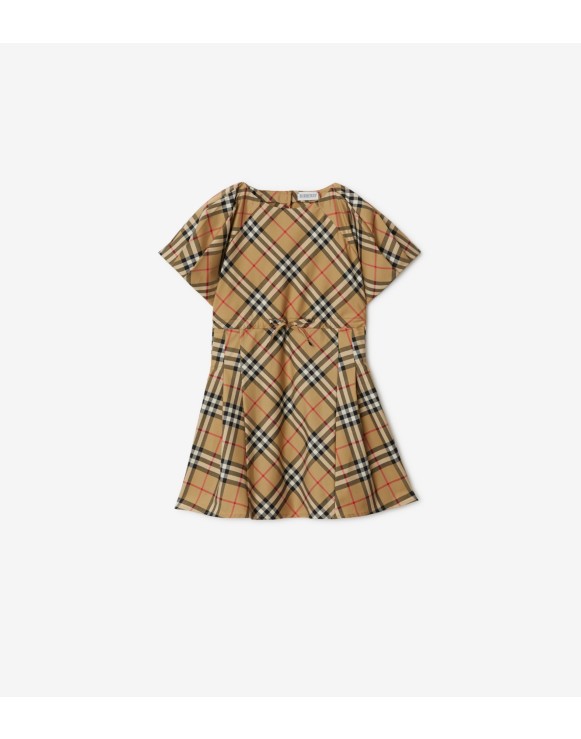 Pleated Check Stretch Cotton Dress