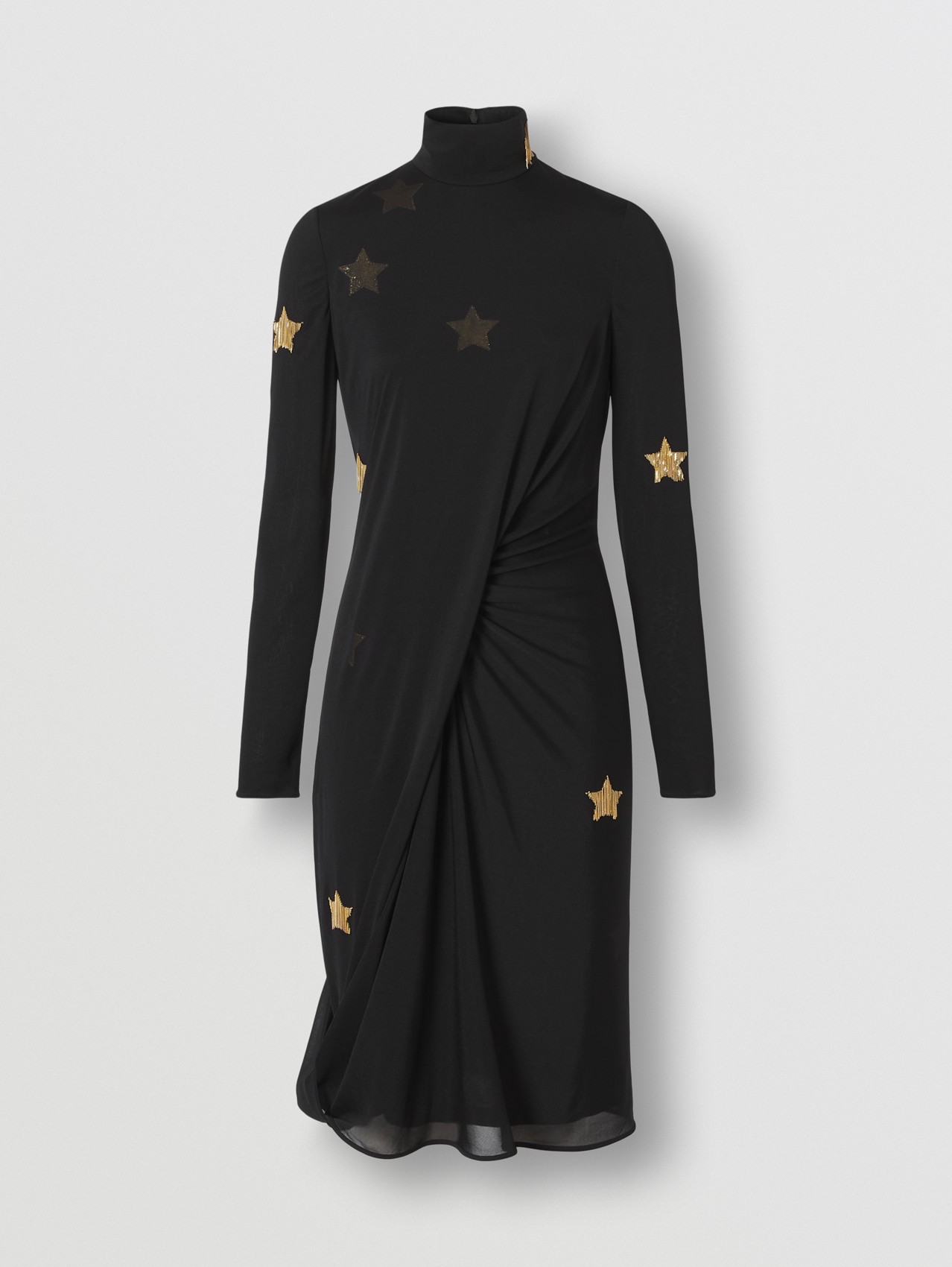 Long-sleeve Star Motif Gathered Silk Viscose Dress in Black