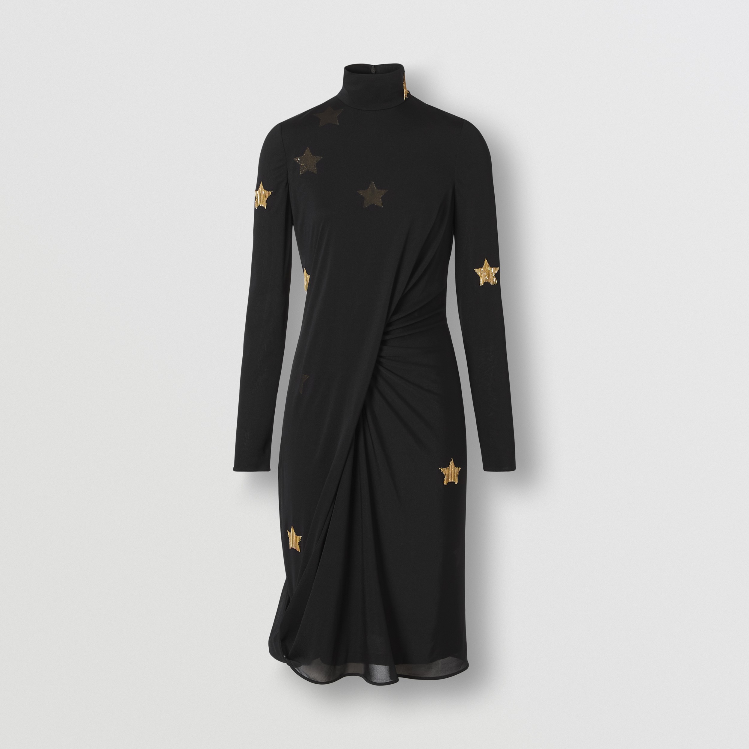 Long-sleeve Star Motif Gathered Silk Viscose Dress in Black - Women | Burberry® Official - 4