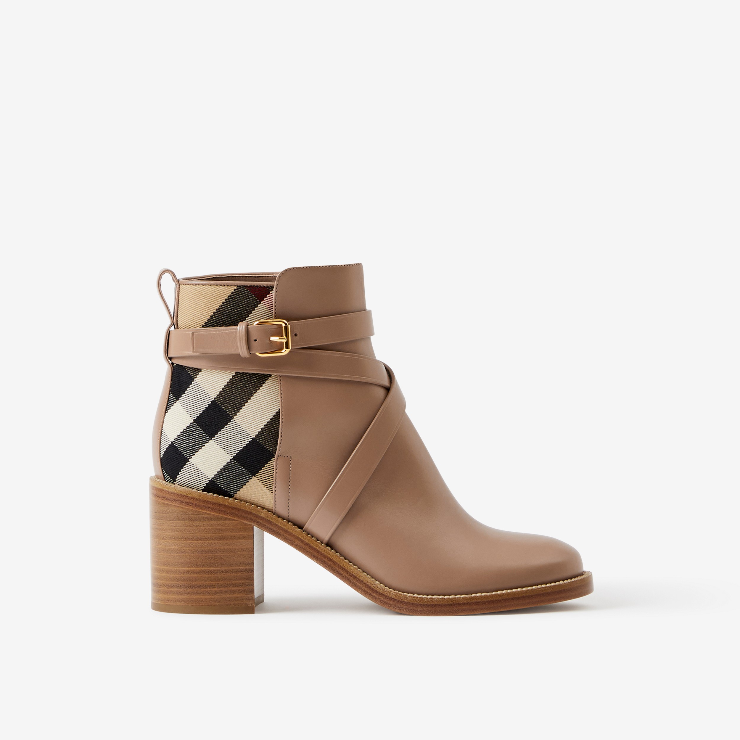 House Check and Leather Ankle Boots in Wheat - Women | Burberry® Official - 1