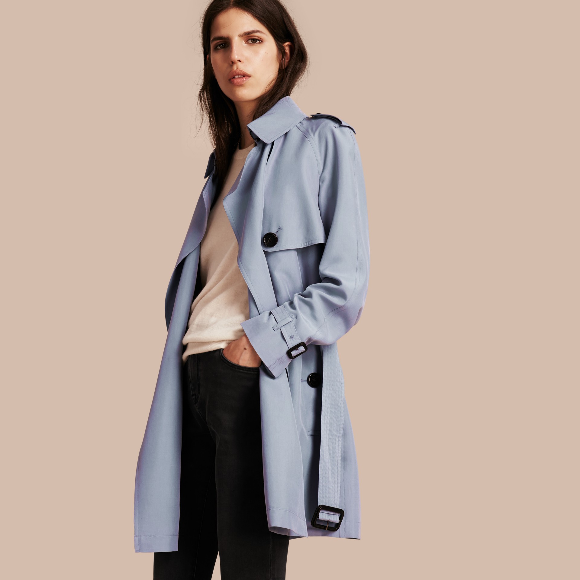 Lightweight Slub Silk Wrap Trench Coat in Pale Blue - Women | Burberry ...