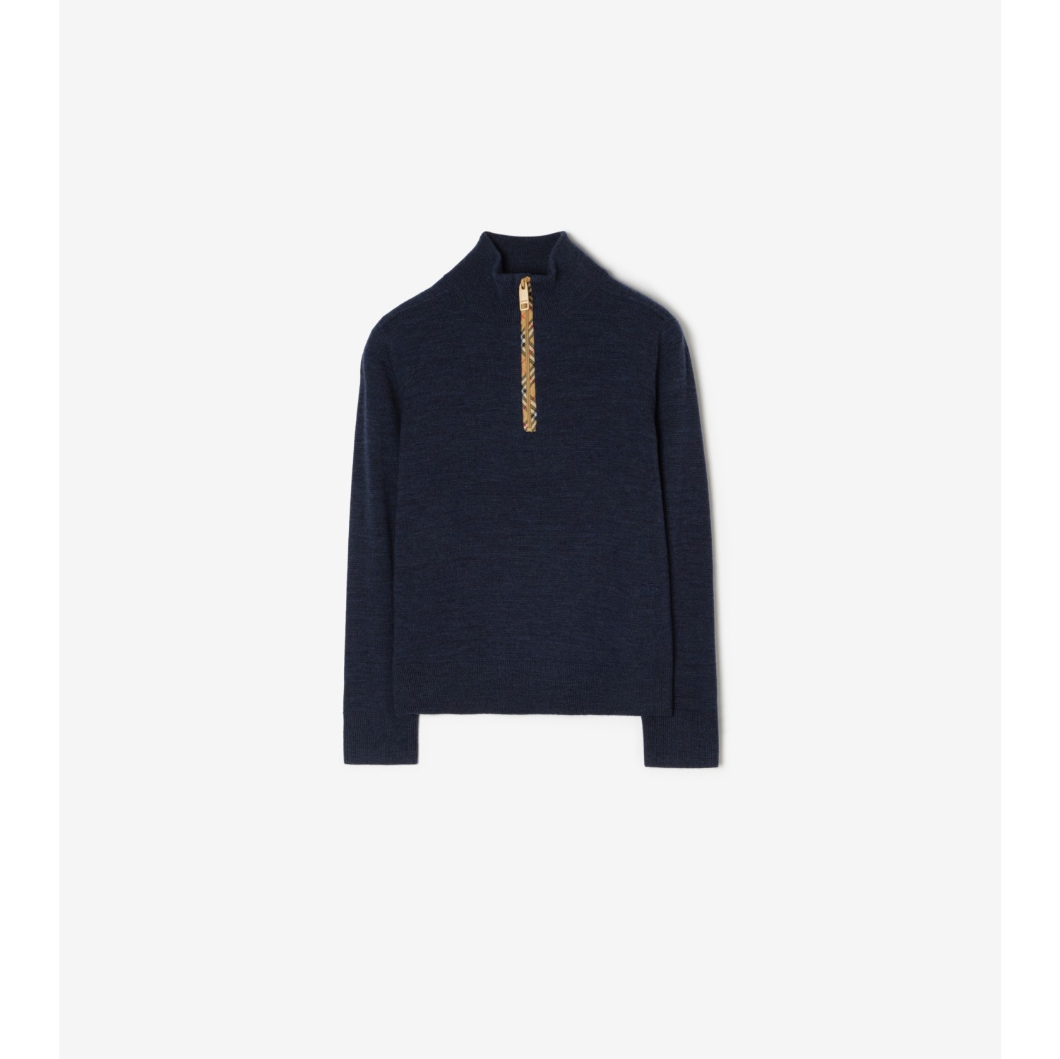 Check Trim Wool Half-zip Sweater