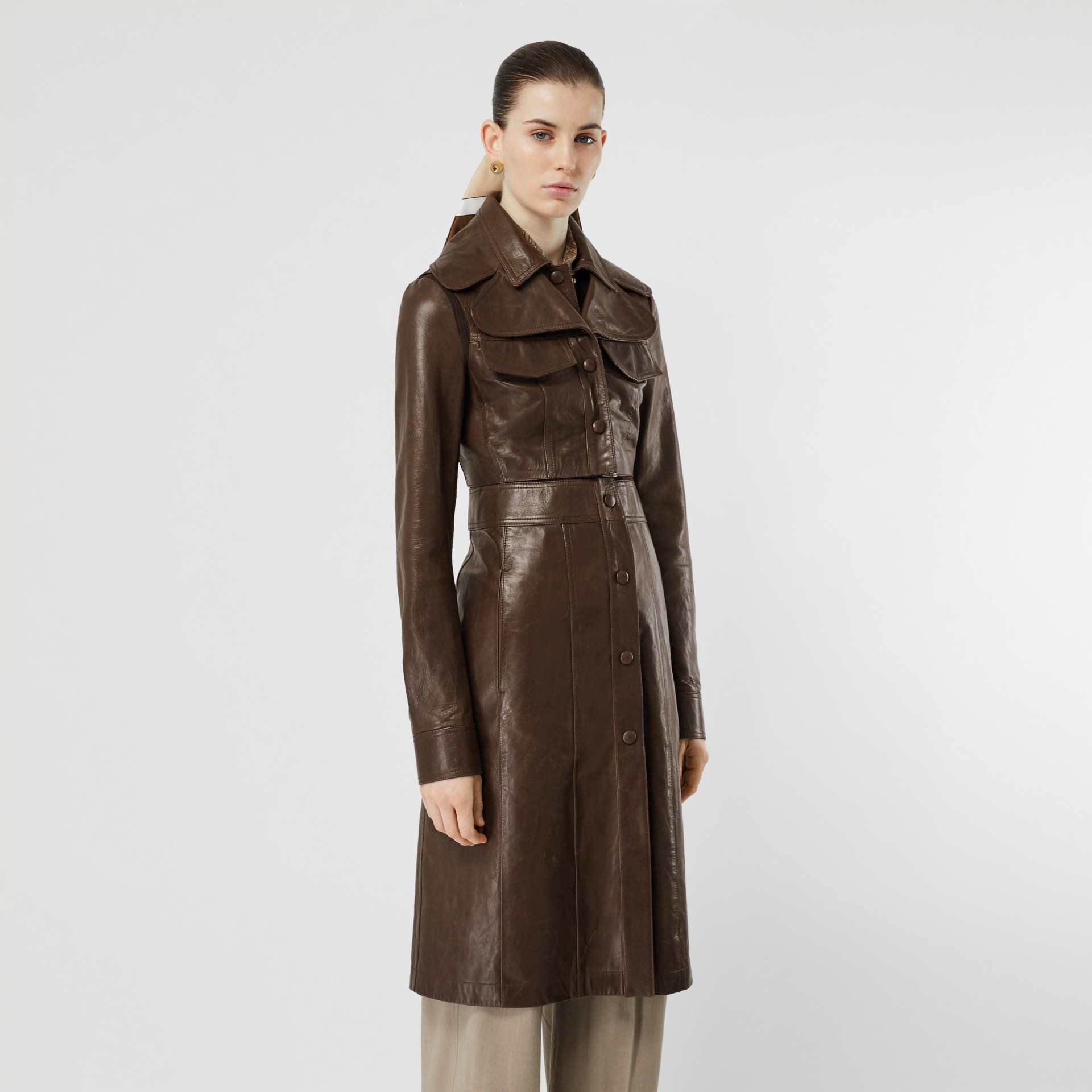 Lambskin Coat with Detachable Cropped Gilet in Dark Brown - Women ...