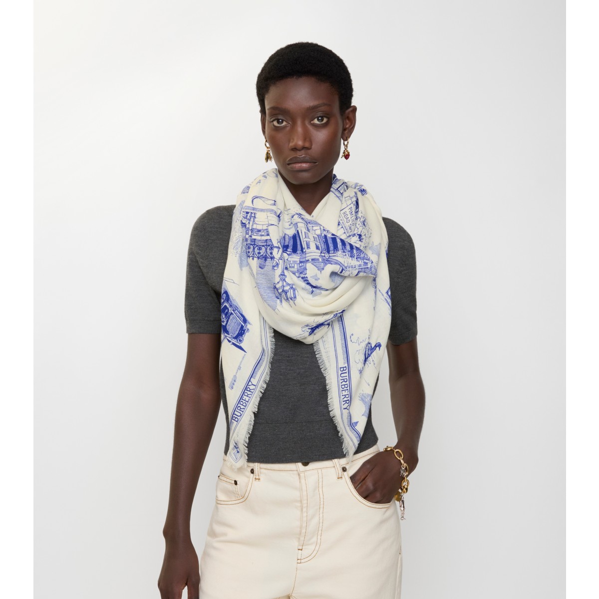  Printed London Landmarks Wool Silk Scarf