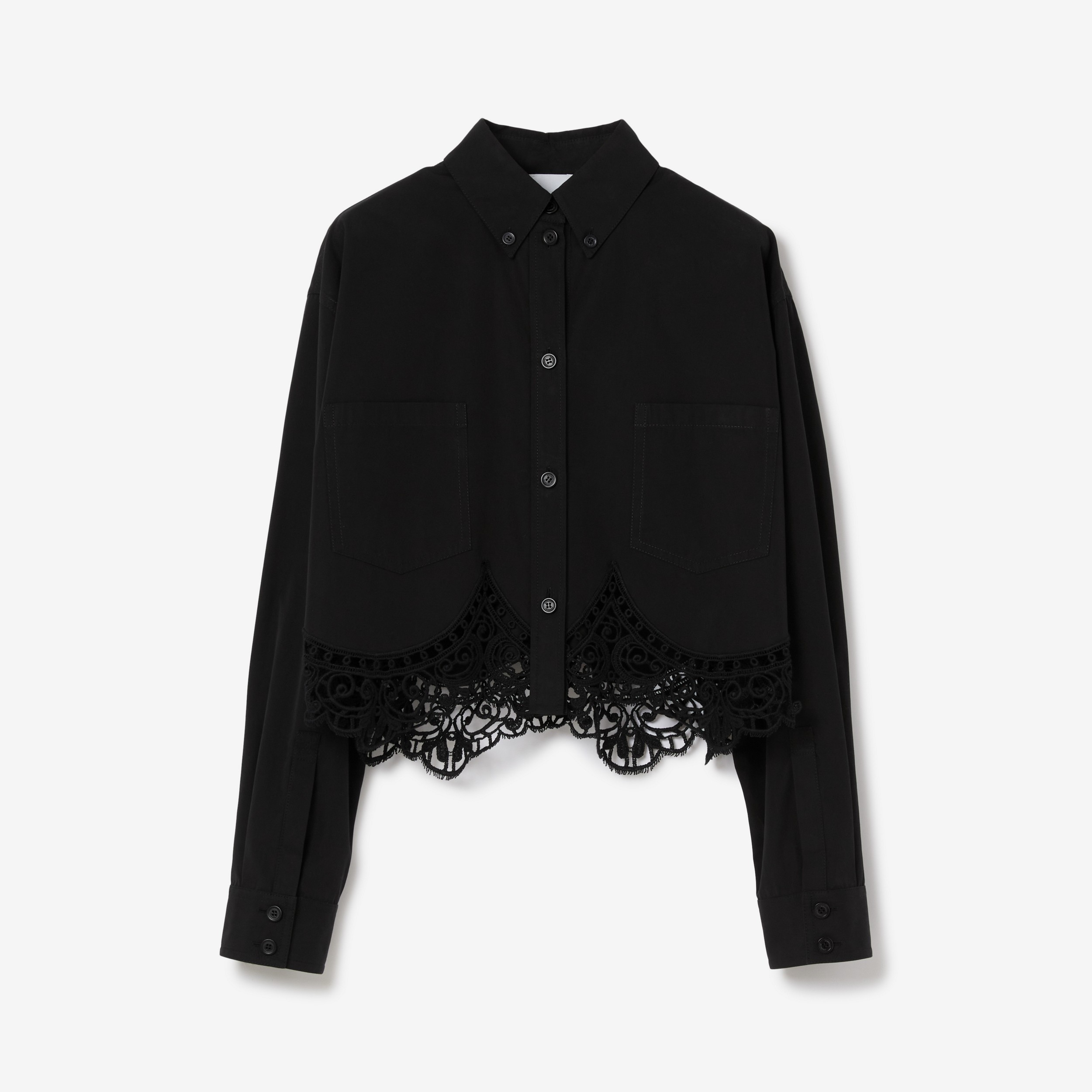 Macramé Lace Hem Cotton Cropped Shirt in Black - Women | Burberry® Official - 1