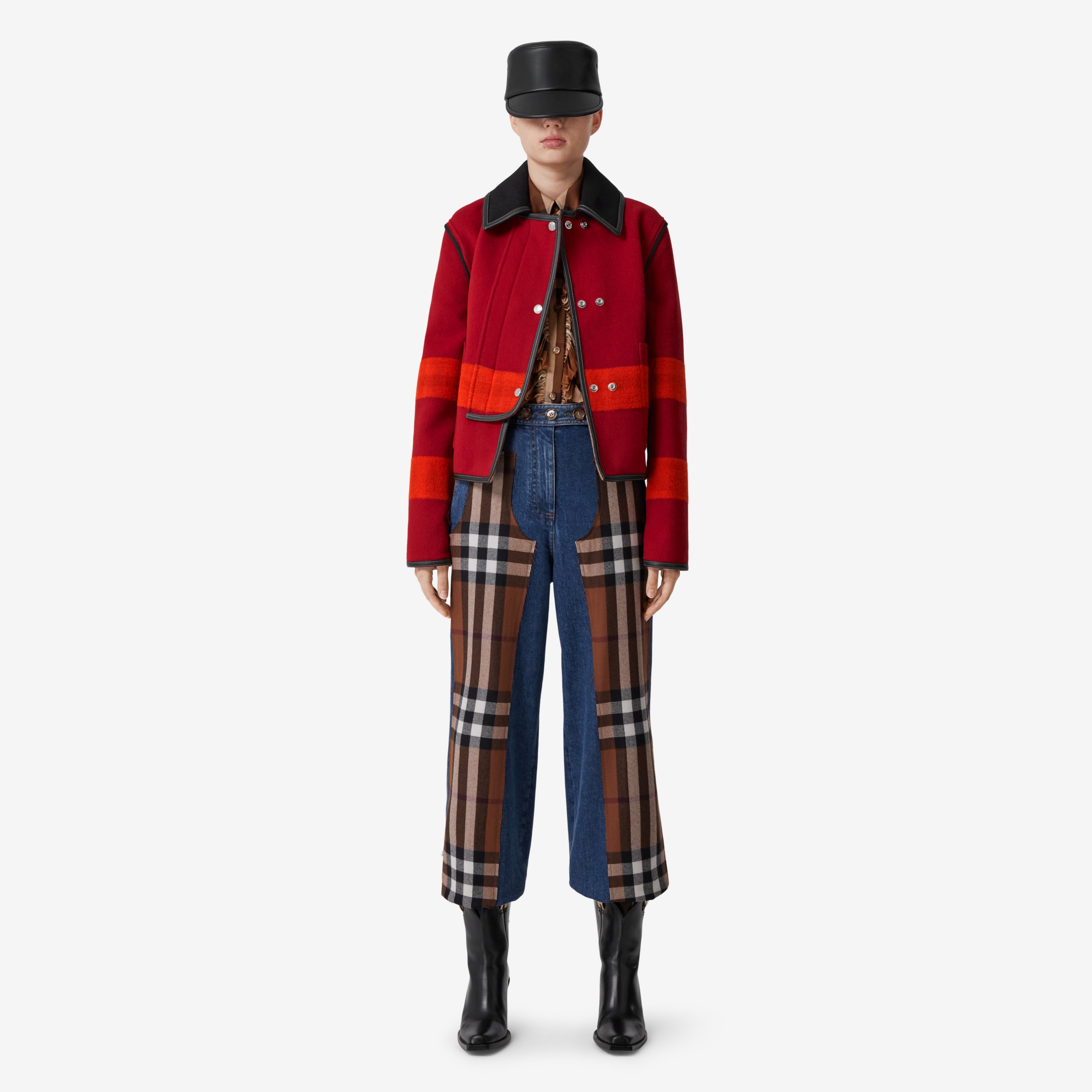 Leather Trim Striped Wool Jacket in Bright Red/dark Birch Brown - Women | Burberry® Official - 2