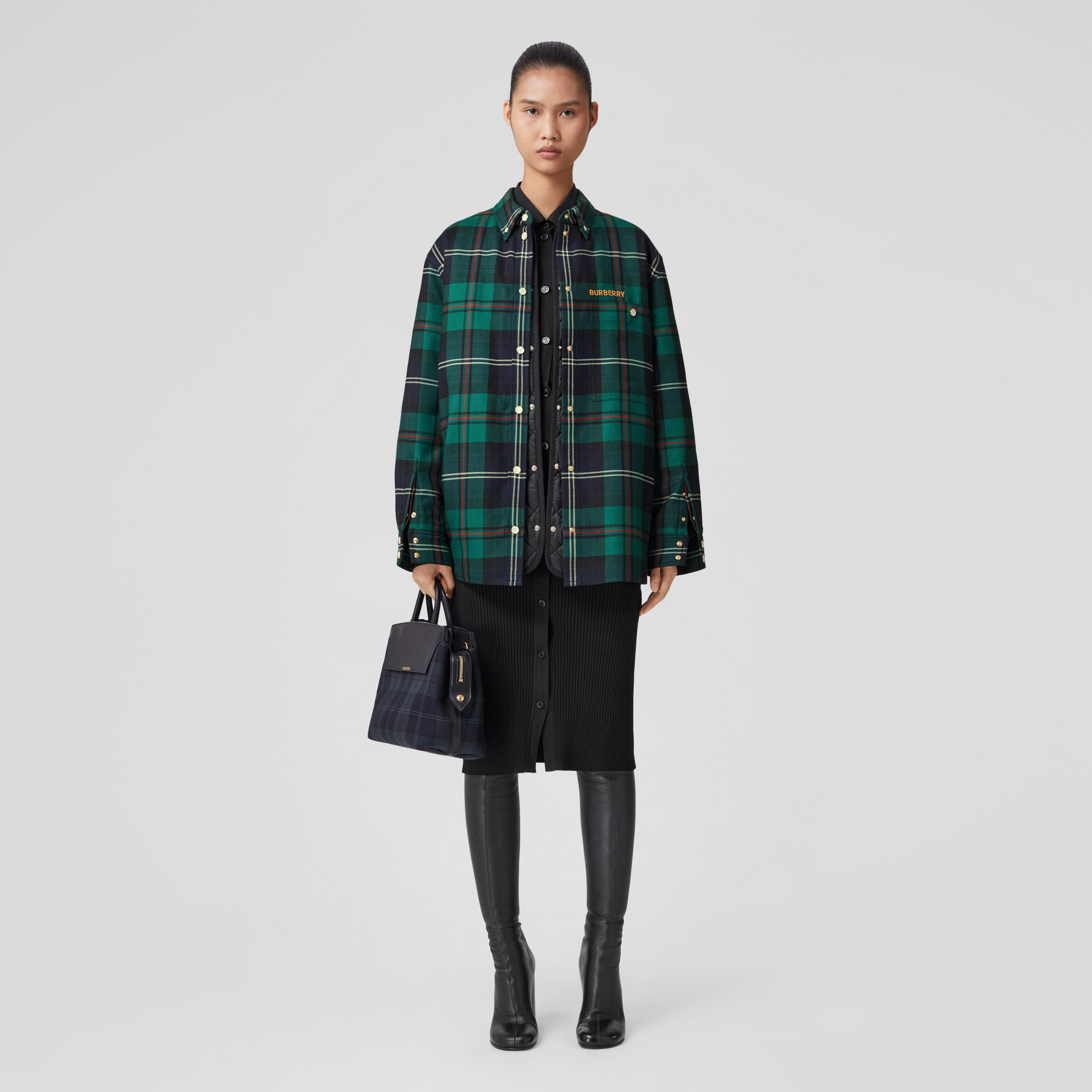 Embroidered Logo Check Wool Overshirt in Dark Viridian Green - Women | Burberry® Official - 1