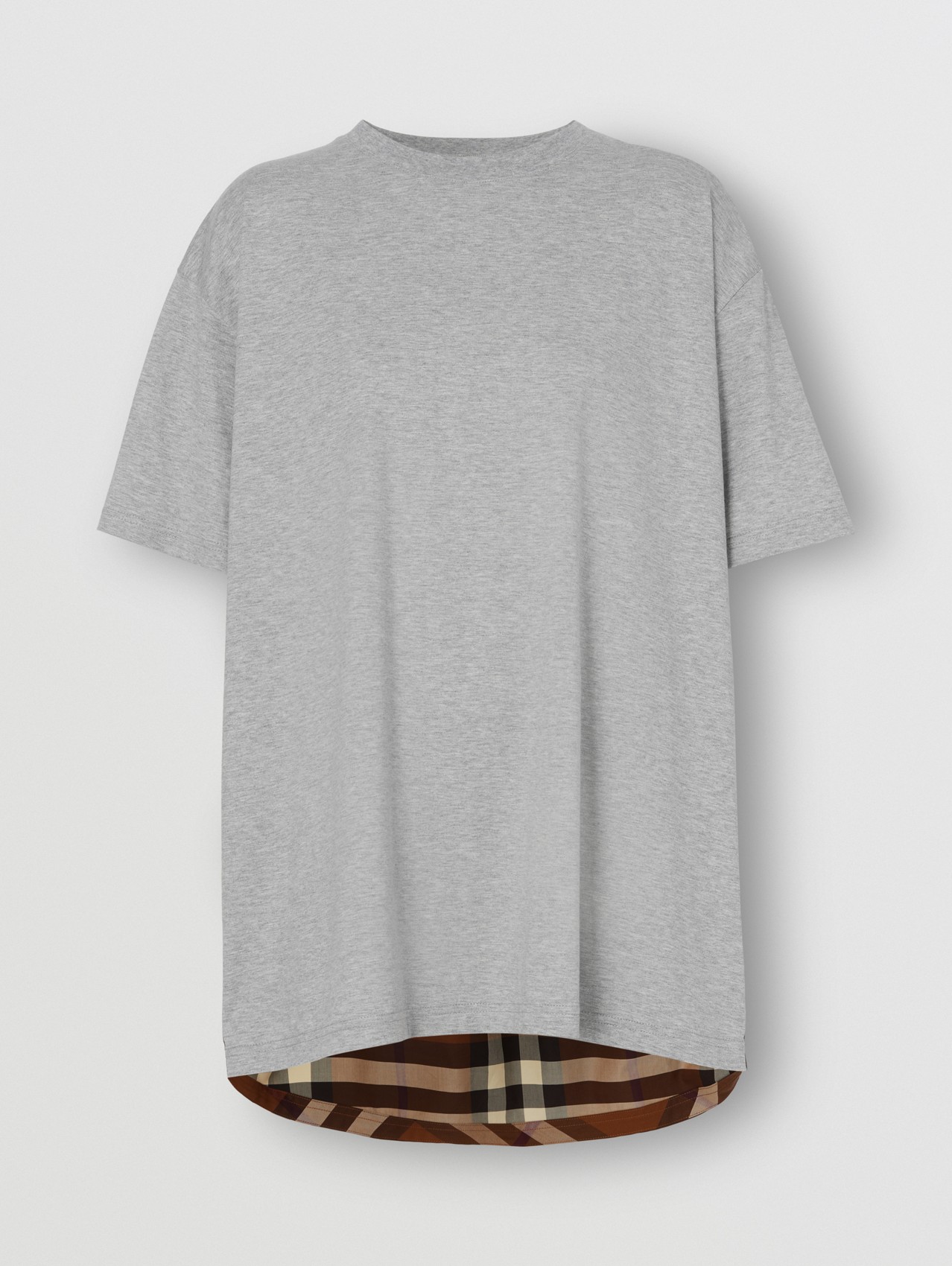 Check Panel Cotton Oversized T-shirt in Pale Grey Melange