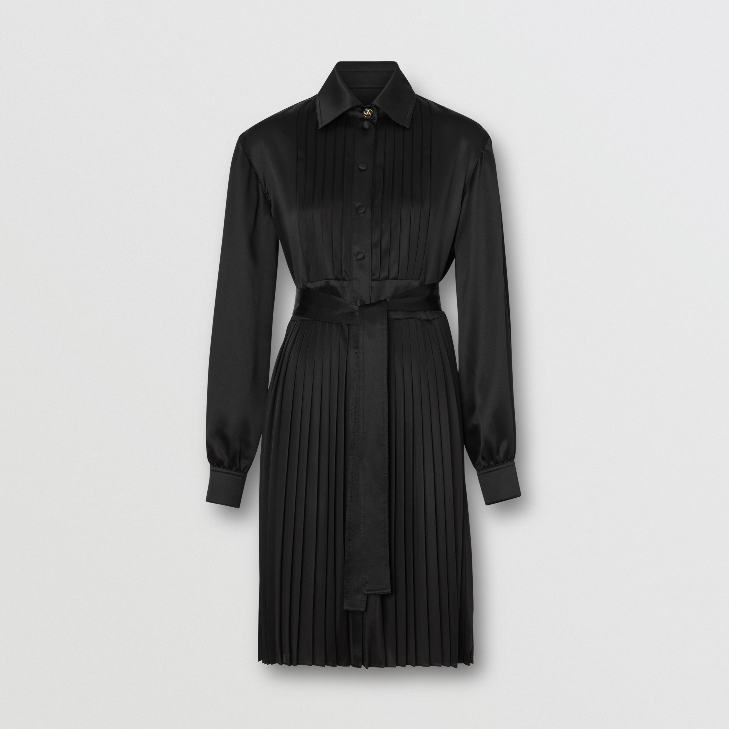 Pleated Silk Satin and Jersey Tie-waist Shirt Dress in Black - Women ...