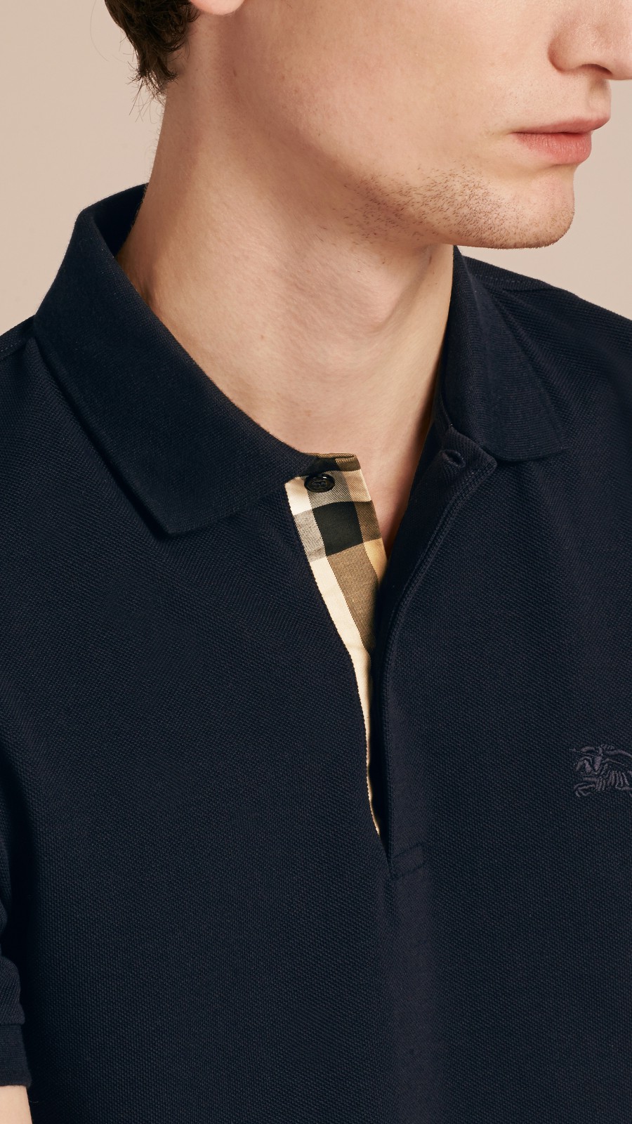 Check Placket Cotton Piqué Polo Shirt Dark Navy | Burberry