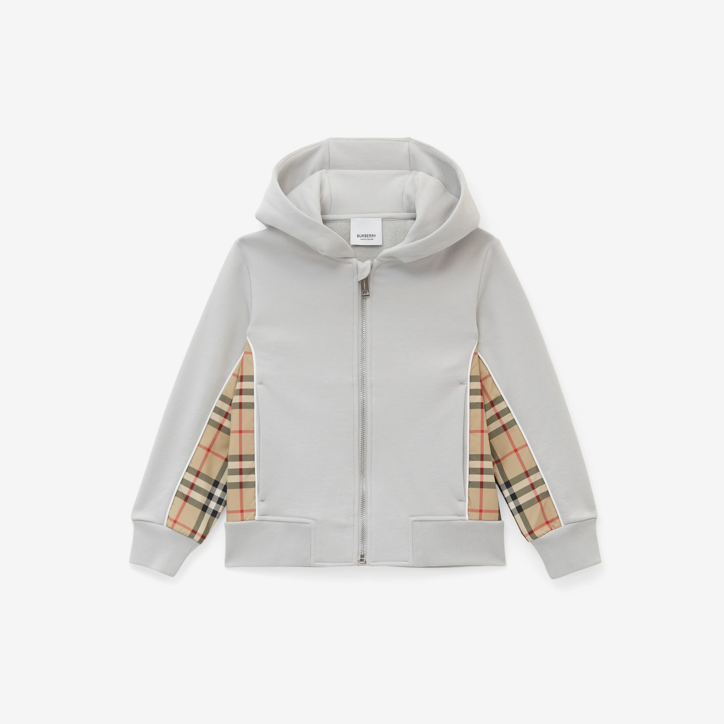 Vintage Check Panel Cotton Hooded Top in Soft Silver Grey | Burberry® Official - 1