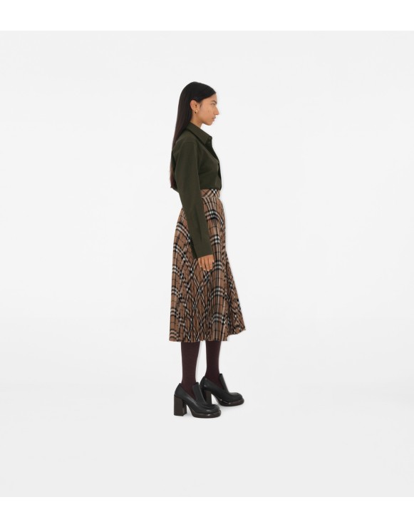 Pleated Check Wool Blend Midi Skirt