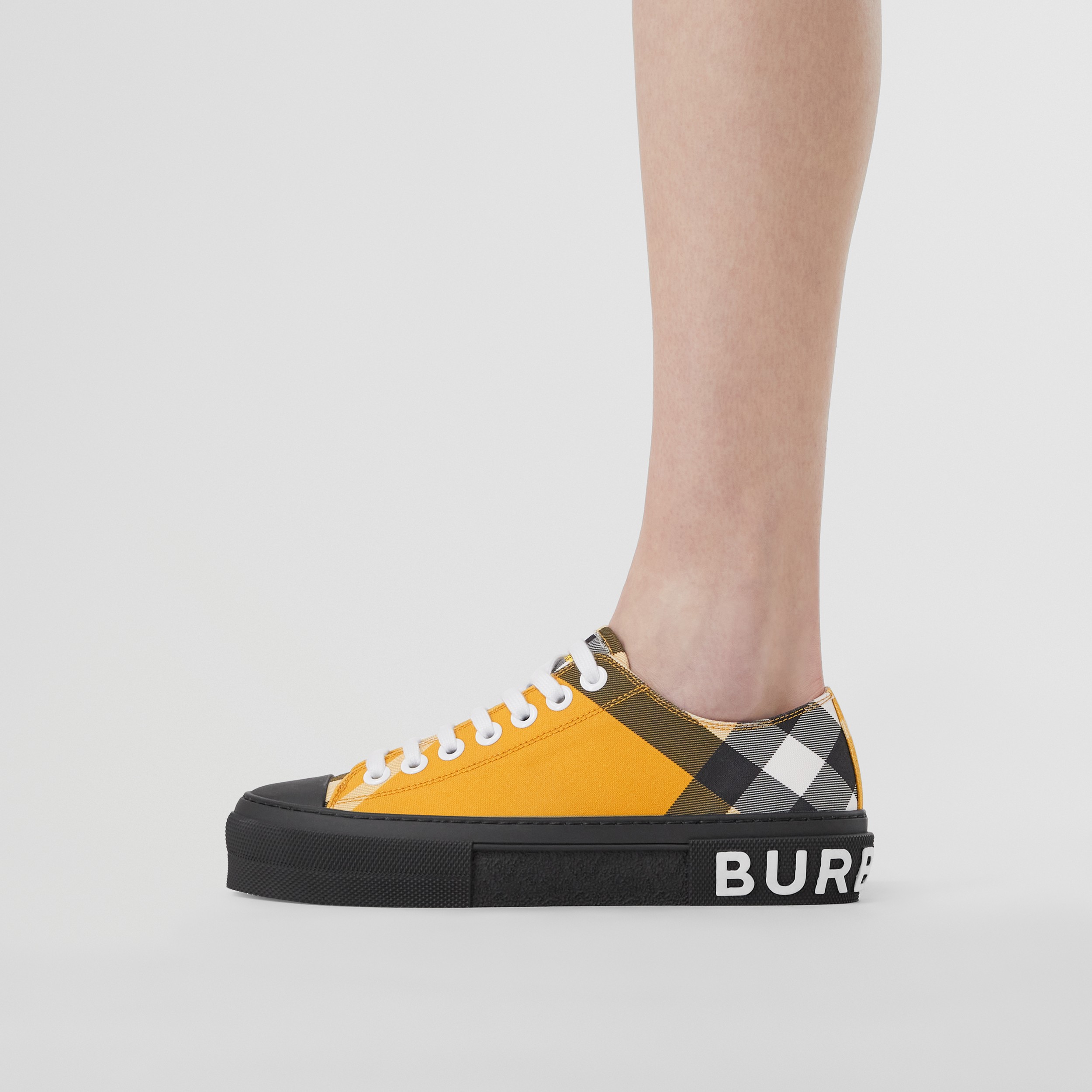 Logo Print Check Cotton Sneakers in Yellow - Women | Burberry® Official - 3