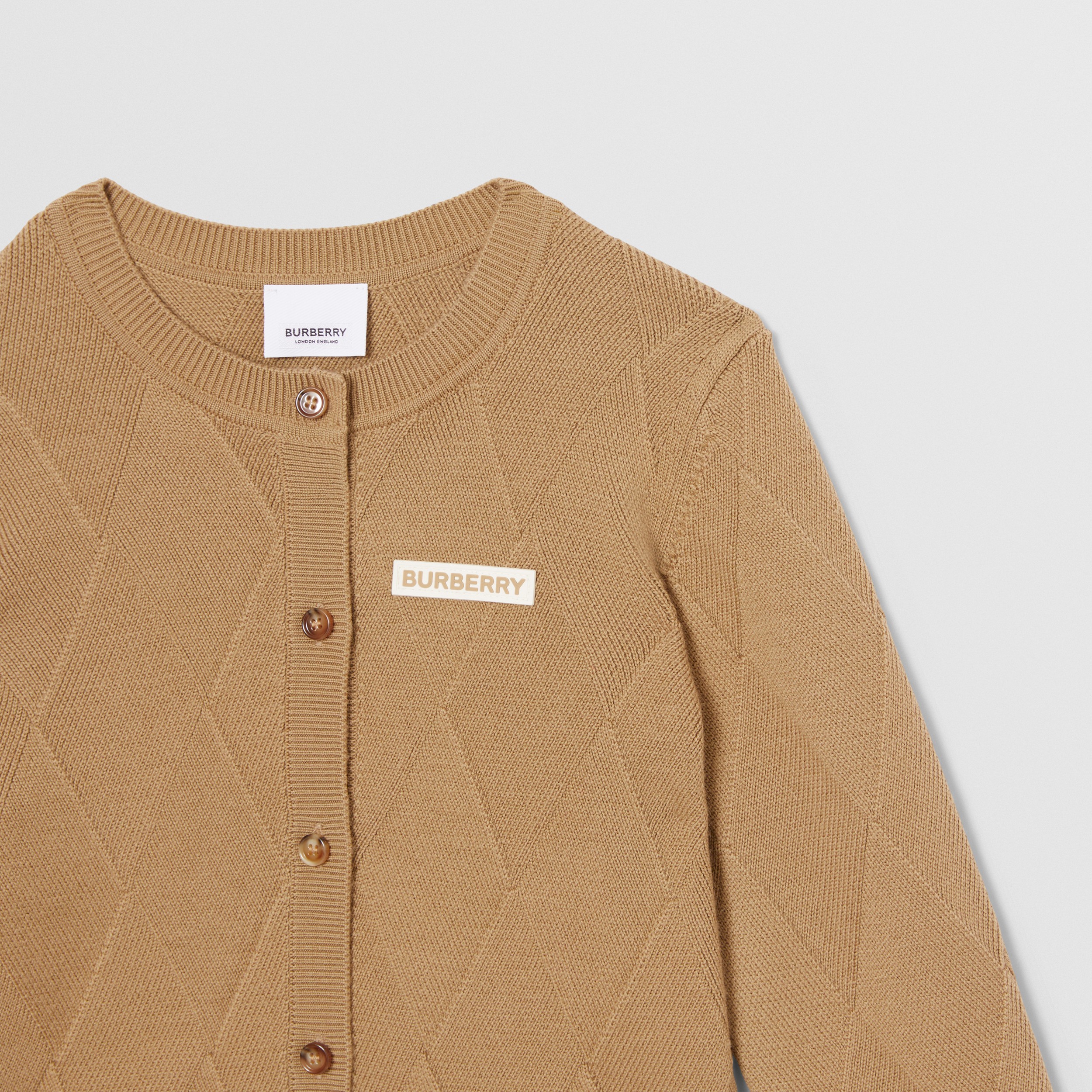 Logo Appliqué Argyle Intarsia Wool Cardigan in Archive Beige | Burberry® Official - 4